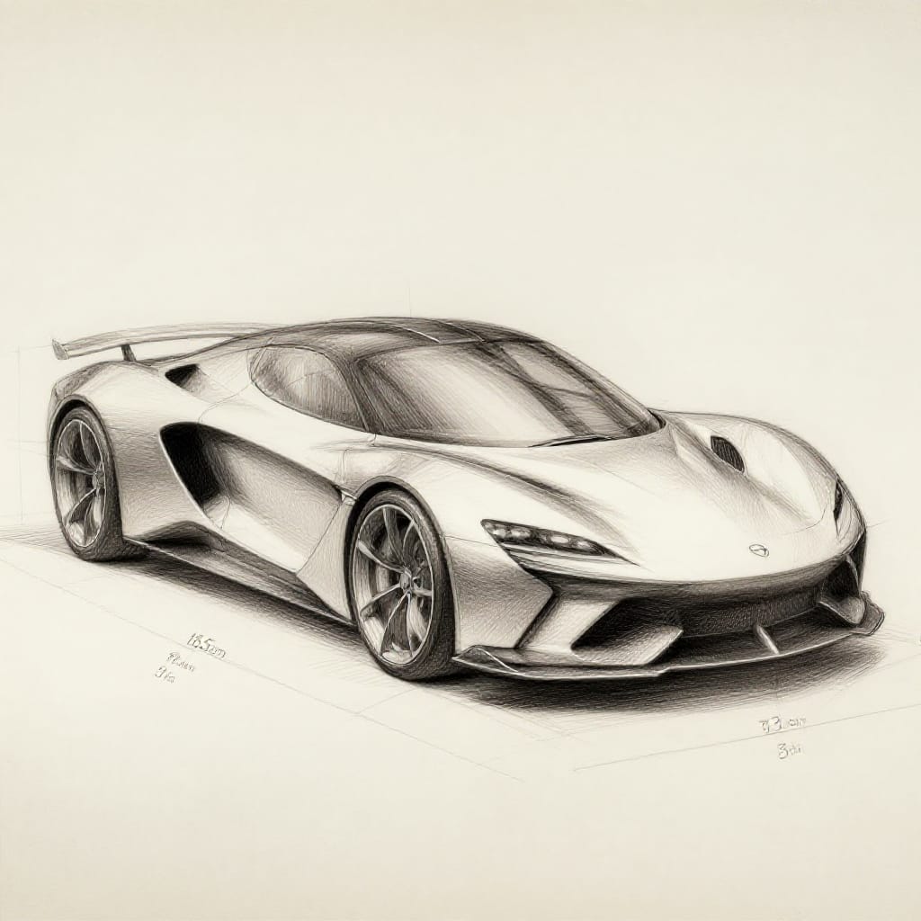 Concept art for a new high-performance sports car rendered in pencil and ink on textured archival paper. The drawing features meticulous technical precision with fine cross-hatching and controlled ink lines capturing every contour of the vehicle's aerodynamic bodywork. A balanced, symmetrical composition centers the car against a soft, muted background of off-white paper with subtle grain texture. Scientific accuracy is emphasized through precise measurements and notations: the vehicle's length is clearly marked at 46.5 inches (118 cm), wheel diameter is specified as 19 inches, and engine displacement is noted as 3.0 liters. The lighting is soft and directional, creating gentle highlights on the hood's curves and subtle shadows beneath the chassis, enhancing depth without flattening the form. The monochrome palette uses varying shades of charcoal, sepia, and gray to define tonal gradients, while the ink strokes exhibit a tactile quality with slight pressure variations visible in the lines. The overall feeling is one of cutting-edge innovation and engineering mastery, evoking a sense of futuristic precision and mechanical elegance.