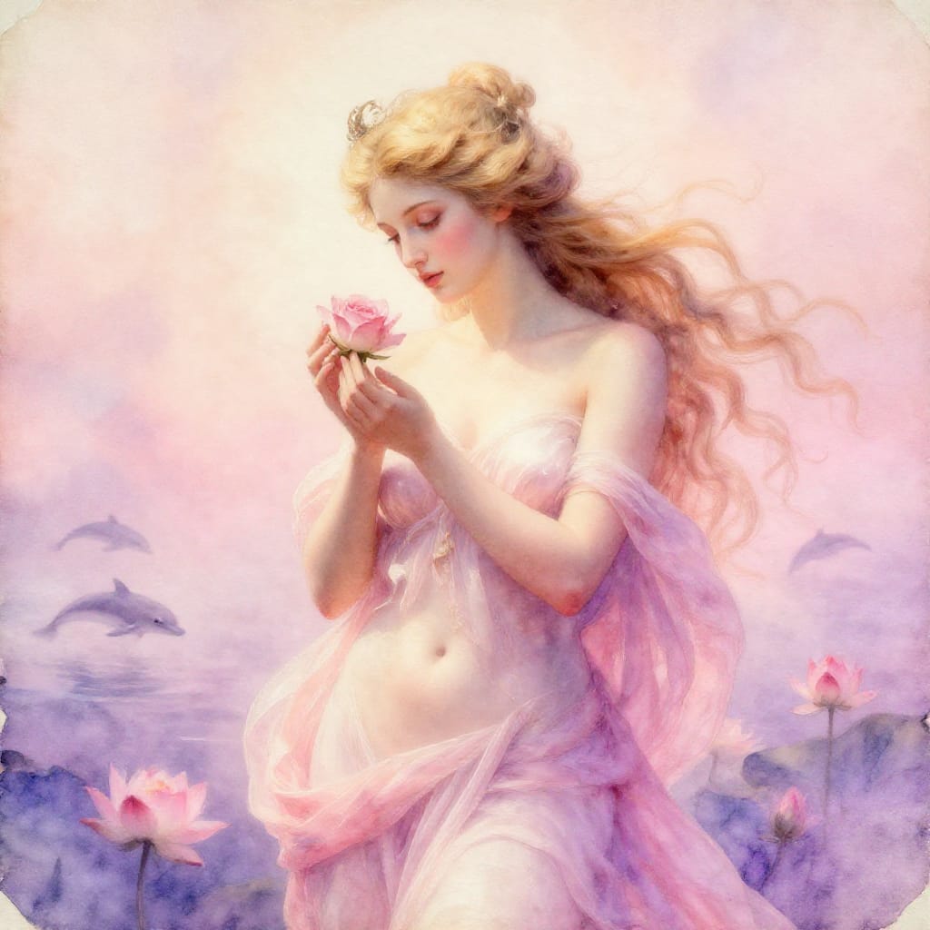 Aphrodite, the Goddess of Love, Beauty, and Desire, depicted in a delicate watercolor on aged paper. Her ethereal form is rendered with soft, flowing brushwork that emphasizes her flowing blonde hair and radiant skin, glistening with subtle highlights that suggest a warm, golden light. She stands poised in a serene pose, her hands gently cradling a rose, while her eyes hold a quiet intensity of love and longing. The background dissolves into a soft, dreamlike landscape of misty water and blooming lotus flowers, with faint silhouettes of dolphins breaking the surface. Aged paper provides a textured surface, its subtle grain and slight imperfections enhancing the tactile depth of the artwork. The color palette features soft pinks, lavenders, and peach tones that blend seamlessly into one another, creating a luminous, dreamy atmosphere. The lighting is diffused and gentle, casting a warm glow that accentuates her form and evokes a sense of timeless beauty and quiet transcendence. The overall feeling is serene, romantic, and transcendent, capturing the essence of divine love and eternal beauty.