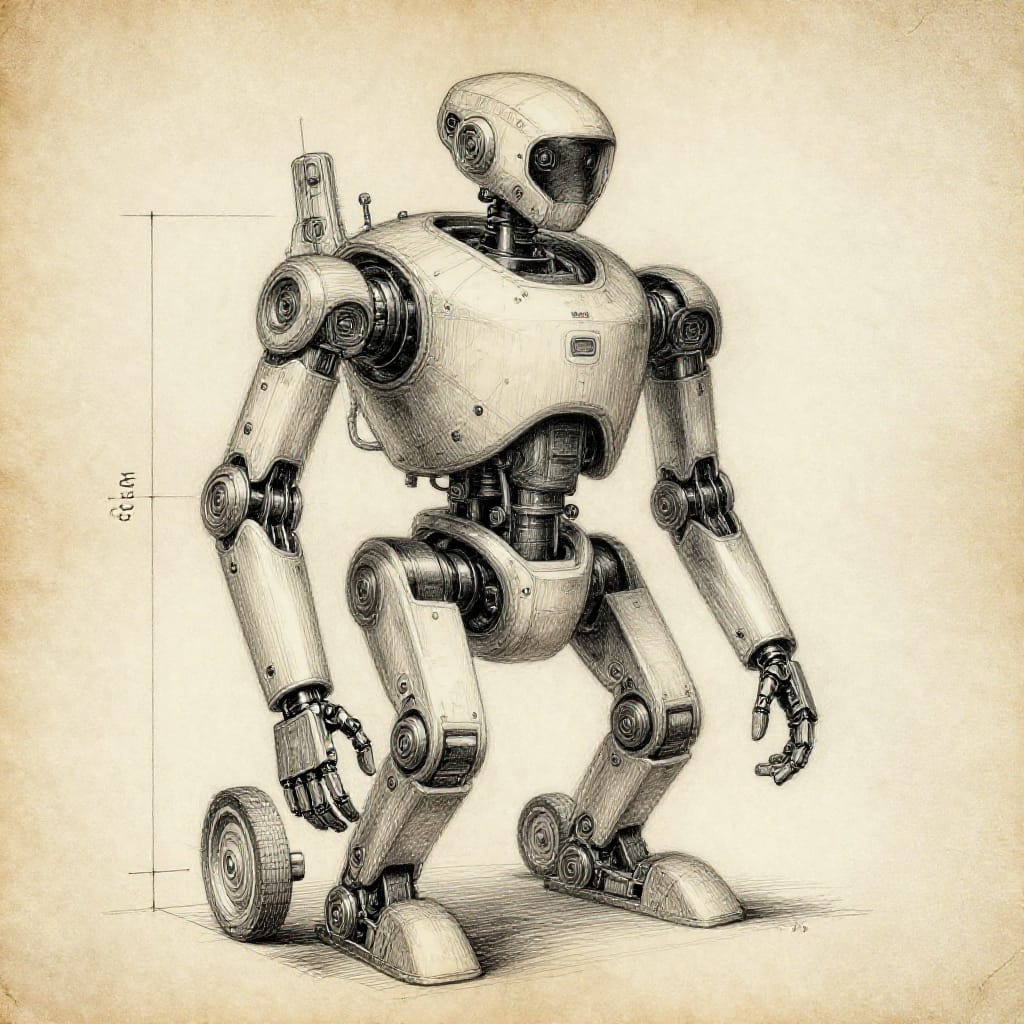 Concept art for a robot companion, rendered in pencil and ink on aged paper with textured grain and subtle paper cracks. The composition centers a humanoid robot with precise scientific accuracy: a sleek, articulated torso featuring segmented joints and metallic limbs, a head with expressive eyes and a visor, and functional arms with articulated fingers. The surface type is coarse, aged paper with visible fiber texture, providing a tactile contrast to the smooth metallic surfaces. Line work is precise and detailed, with cross-hatching and stippling used to create depth on metal panels, fabric-like skin, and internal mechanical components. The lighting is soft and directional from the front, highlighting the robot’s form with gentle shadows that emphasize anatomical structure. Color palette is limited to black ink and subtle gray tones, with scientific notation including precise measurements such as height (48 cm), arm length (32 cm), and wheel diameter (8 cm), written in small script near relevant features. The artistic feeling is one of meticulous precision, technical authenticity, and clean clarity, evoking a sense of trust in the robot’s design and function.