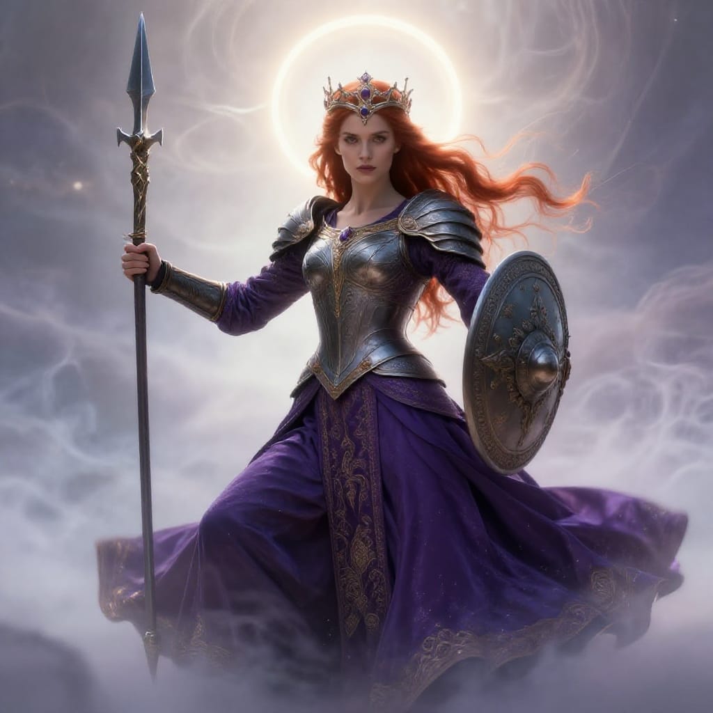 A warrior woman stands in dynamic mid-action pose, her right hand gripping a weathered spear and left hand holding a ornate shield. She wears a detailed breastplate with intricate metalwork, a flowing purple gown accented with gold embroidery, and a regal crown of silver and gemstones. Her red hair cascades over her shoulders in soft waves, catching the light as she exudes power and grace. The scene is set against an ethereal background: a radiant halo pulses at her head, while swirling clouds of mist and light float around her, creating a surreal, otherworldly atmosphere. Soft, diffused light from above bathes her in gentle illumination, enhancing the mystical quality of her presence. The camera is positioned mid-shot, capturing her balanced stance with perfect symmetry. A standard lens renders her form with crisp clarity, while the still motion emphasizes her poised readiness. The cool color palette—deep purples, metallic golds, and soft silvers—contrasts with the warm reds of her hair and skin, creating a harmonious yet enigmatic visual composition. The overall feeling is one of powerful mystery, where ancient strength meets divine presence in a moment suspended between earth and sky.