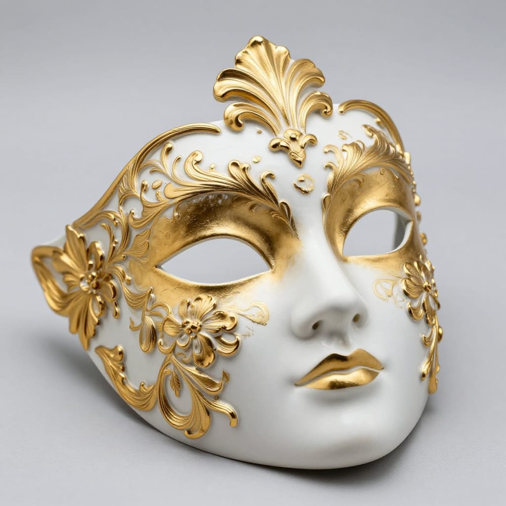 A meticulously composed close-up macro shot of an ornate Baroque-style decorative mask, its intricate gold detailing and elaborate floral motifs rendered with exquisite precision. The mask, composed of smooth white porcelain accented with luminous gold leaf, features delicate floral patterns that blend regal symmetry with organic grace, each curve and leaf captured in razor-sharp clarity. Positioned slightly off-center within the frame according to the rule of thirds, the mask occupies the midground with perfect balance, its surface glistening under even studio lighting that highlights every curve and ornamental element. The lighting is soft and directional from above, casting gentle highlights on the gold accents while maintaining a cool, neutral tone that emphasizes clarity and elegance. The atmosphere is sophisticated and timeless, evoking refined artistry and quiet luxury through its blend of Baroque opulence and delicate floral beauty. The image captures a still moment, free from motion or distraction, allowing the viewer to immerse in the mask’s intricate craftsmanship and symbolic fusion of Baroque opulence with organic grace. The scene is set against a clean, light gray plane that enhances the mask’s textures and subtle depth, creating a serene contrast that elevates the subject to a realm of refined elegance.