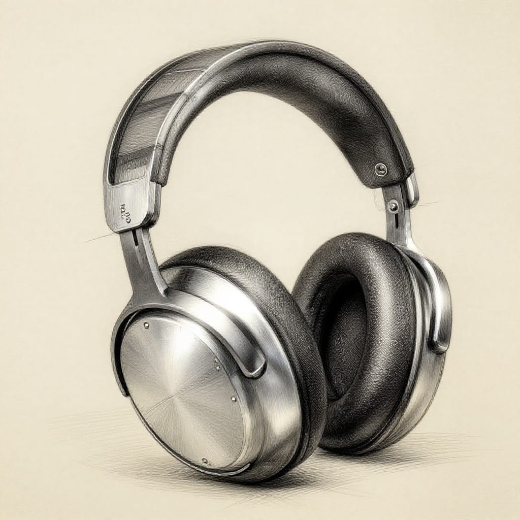 Concept art for precision audio headphones rendered in pencil and ink on aged paper with a textured surface. The composition features a detailed mechanical design: a sleek, ergonomic earcup constructed from brushed aluminum with subtle linear grooves, paired with a minimalist headband incorporating a subtle technical notation label reading '12mm'. Measurements are clearly indicated in millimeters along the earcup's rim and headband strap. The pencil lines are fine and precise, capturing every rivet, seam, and surface texture, while ink highlights define shadowed areas and create a soft tonal gradient across the metallic surfaces. A single directional light source from above casts subtle highlights on the aluminum and casts faint shadows along the headband's curve, enhancing three-dimensional depth. The color palette is monochromatic, emphasizing contrast and tonal range to convey scientific accuracy. The overall feeling is analytical yet elegant, blending technical precision with artistic clarity in a medium that honors both handcrafted detail and modern engineering.