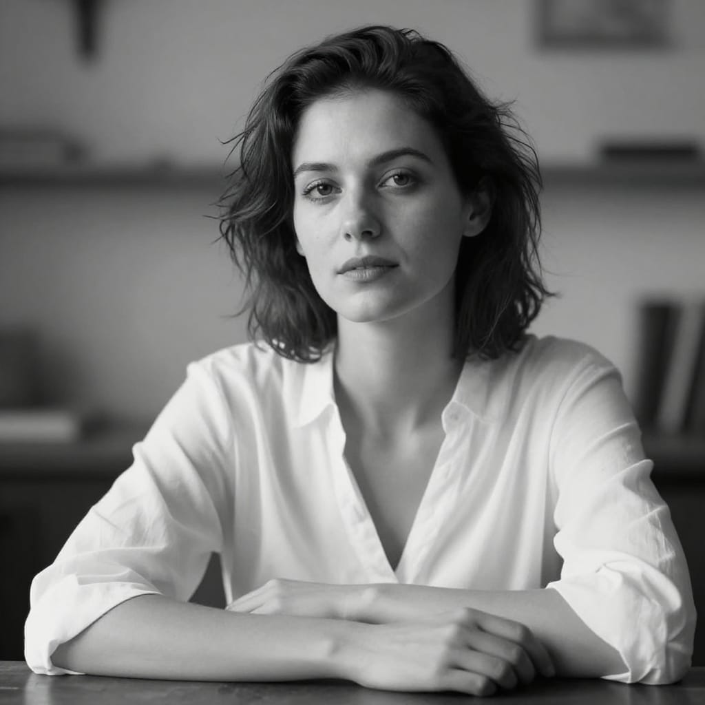Black-and-white fine art studio portrait of a woman, seated with both hands resting naturally in front, relaxed and composed. Slightly messy dark hair softly frames her face, natural smooth skin tones, reflective eyes, wearing a clean white shirt. Shot from a slightly elevated low-angle perspective using a medium telephoto lens to compress the space and create a soft focus on the background. Diffused overhead lighting softens shadows and enhances facial texture, casting gentle highlights on her cheekbones and forehead. The background features softly blurred wooden shelves and a light-colored wall, adding depth without distraction. Atmospheric warmth is conveyed through subtle tonal gradations and soft contrast, emphasizing form over detail. The lens renders the subject with crisp clarity in her eyes and hands while creating a gentle bokeh in the background elements. The overall mood is serene, elegant, and introspective, capturing quiet confidence and timeless grace through a masterful black-and-white aesthetic.