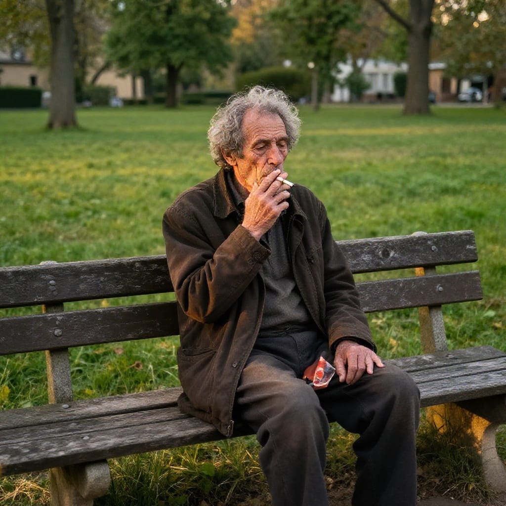 A man sits on a worn wooden park bench in a serene outdoor setting, his weathered complexion and curly hair catching the soft, diffused light of late afternoon or early evening. He is dressed in a dark brown jacket and dark pants, holding a cigarette in his right hand as he prepares to take a drag, his posture relaxed and contemplative. The mid-shot composition centers on him, with the bench serving as a prominent horizontal element that frames the scene. The background features a lush grassy park area, scattered trees, and a faint building in the distance, all rendered in earthy tones of green, brown, and beige under golden-hour lighting. The soft, natural light creates gentle shadows and highlights on his face and jacket, enhancing the tranquil atmosphere. A standard or wide-angle lens captures the scene with minimal distortion, emphasizing depth and the quiet stillness of the moment. The overall feeling is one of relaxed introspection, with every detail—from the grain of the bench to the subtle movement of the grass—contributing to a sense of peace and quiet reflection.