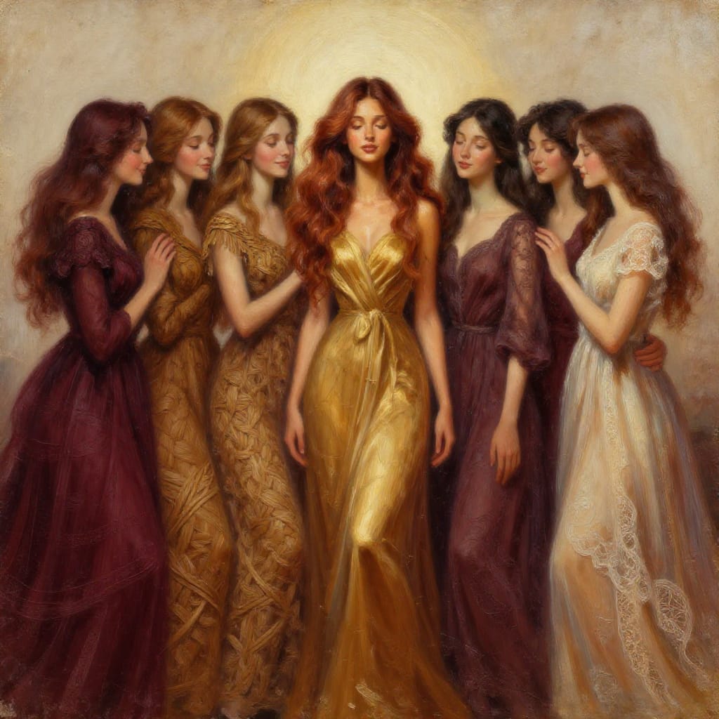 Seven women, each embodying the essence of the seven dwarfs, are depicted in a richly detailed oil painting on aged paper with visible grain and subtle imperfections. The central figure, a woman with warm honey skin and cascading chestnut hair, stands slightly forward, her posture confident and graceful. To her left, three women in earthy tones—deep burgundy, golden ochre, and maroon—wear intricate patterns of woven fabric, their faces soft with gentle smiles. To her right, three more women in flowing silks and delicate lace dresses interact with each other, their movements fluid and intimate. The composition balances symmetry and dynamism, with a central focal point illuminated by soft, diffused light from a high angle that casts gentle shadows and highlights the textures of hair, skin, and fabric. The color palette is rich and earthy, evoking warmth and timeless charm, with muted golds, deep reds, and soft browns creating a harmonious interplay of light and shadow. The brushwork is precise yet expressive, with thick impasto strokes for hair and fabric, while delicate linework defines facial features and clothing folds. The overall atmosphere is warm, intimate, and whimsical, capturing a moment of quiet magic and gentle camaraderie.