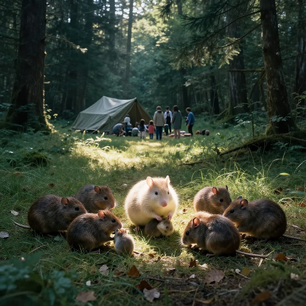 A wide shot captures a serene forest clearing where a family of rodents gathers on the ground. The central rodent, larger and softly glowing with gentle light, appears to be a mother or parent, surrounded by smaller, younger rodents engaged in quiet interaction—some nursing, others grooming each other. The forest floor is covered in lush grass and scattered fallen leaves, creating a textured layer of natural decay and growth. In the midground, a group of people in casual outdoor attire stands gathered around a large, tarp-covered tent, their presence adding a human element to the peaceful scene. The background features dense evergreen trees filtering bright, soft sunlight that casts dappled patterns across the clearing, creating a warm, golden glow on the grass and leaves. The lens is a standard wide-angle, capturing the balanced composition with the rodents in sharp focus and the people and tent softly blurred in the distance. The color palette is cool and earthy—deep greens of the forest, soft browns of the leaves, and muted yellows from the sunlight. Atmosphere is tranquil, with a calm breeze suggesting gentle movement through the trees. The overall feeling is peaceful and surreal, a quiet moment where nature and human presence coexist harmoniously in the sunlight-drenched forest.