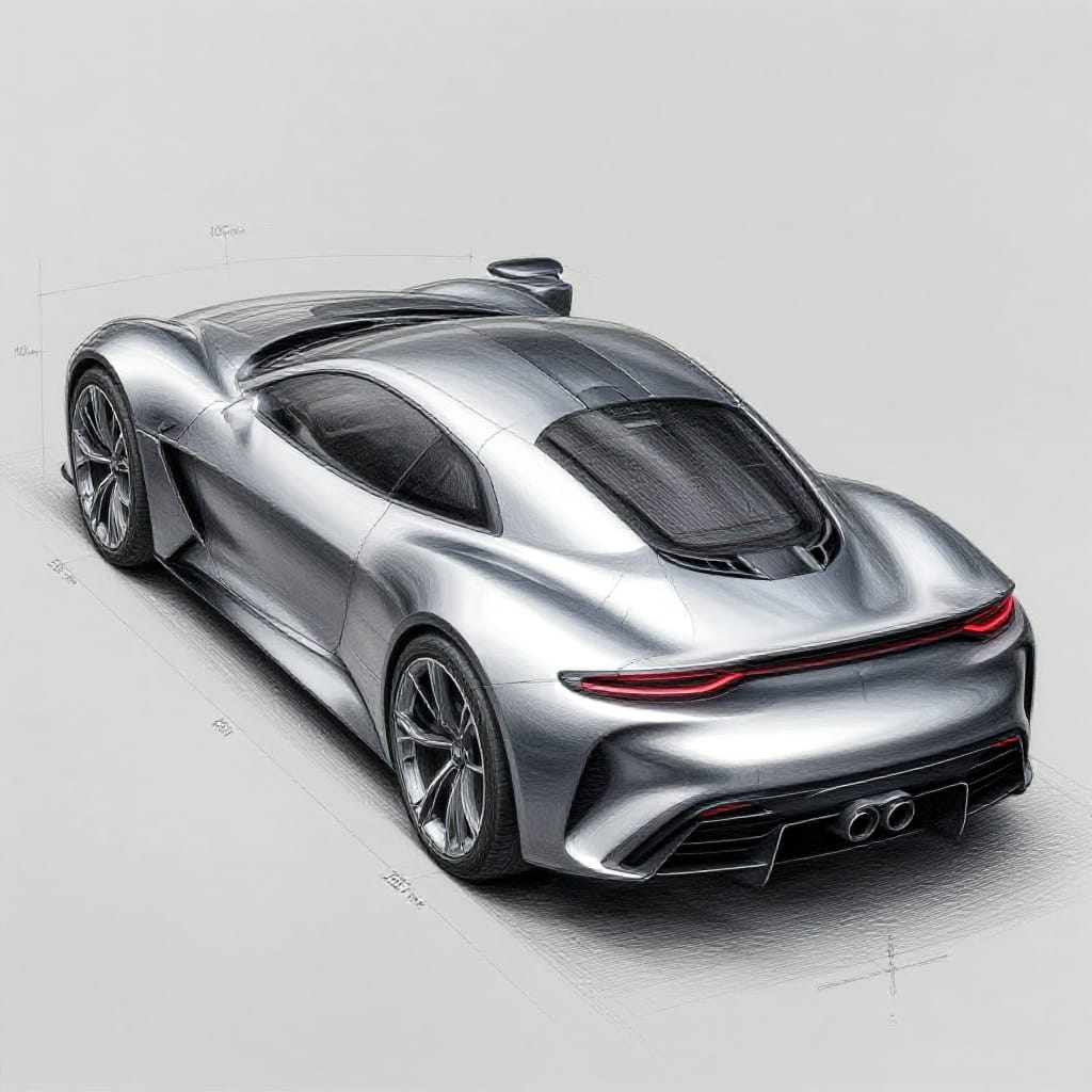 Concept art for a new luxury sports car rendered in highly detailed pencil and ink on aged paper. The composition centers the vehicle in a frontal view with a slight tilt to emphasize its aerodynamic curves and dynamic lines. The car features a sleek, low-profile body with a prominent hood scoop, a bold grille pattern, and subtle LED accents along the sides and rear. A metallic silver paint with a satin finish is applied to the body, catching soft highlights that define its contours. The underbody reveals a multi-spoke alloy wheel design, and the rear features a dual exhaust tailpipe and a rear spoiler with subtle air dynamics. The background is a clean, neutral gray panel to isolate the car. Precise measurements are notated in the margins: length 452 mm, width 186 mm, height 143 mm, and wheelbase 285 mm. Scientific accuracy is emphasized through detailed technical specifications, including aerodynamic coefficients, material thickness, and surface texture. The overall artistic feeling is one of cutting-edge innovation, precision, and refined elegance.