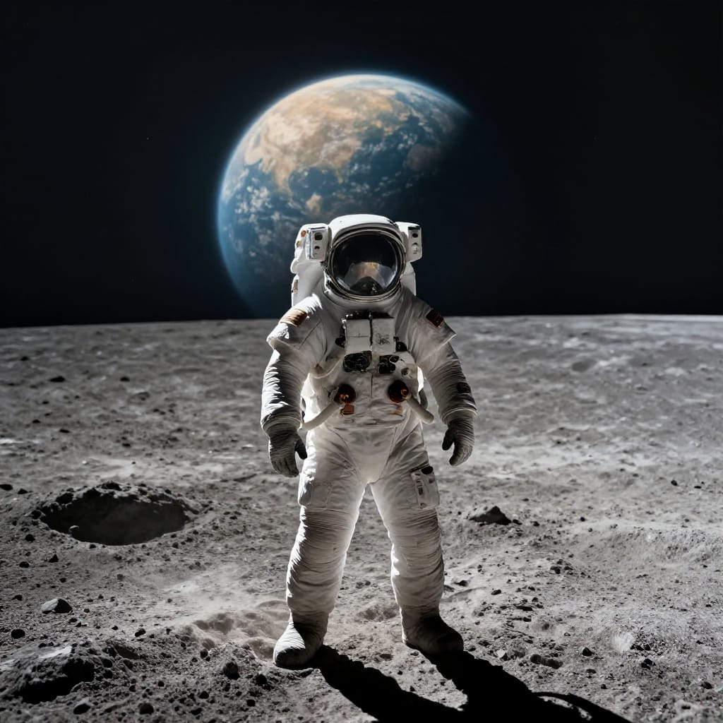 A photorealistic wide-angle cinematic composition captures a lone astronaut standing on the rugged, dusty surface of the Moon. The astronaut, wearing a detailed helmet with a translucent visor reflecting soft light, is centered in the foreground, their figure rendered with precise texture—from the weave of the suit fabric to the subtle grain of their boots. Behind them, the lunar regolith stretches into the midground, its surface a mosaic of fine particles catching faint highlights from Earth’s distant glow. The background reveals Earth as a luminous, warm-hued sphere, its blue oceans and green continents softened by atmospheric haze, while the deep blackness of space frames the scene with infinite depth. Natural light from Earth creates a gentle halo around the astronaut and casts delicate shadows across the lunar terrain. The color palette is dominated by cool grays, silvers, and deep blacks, punctuated by Earth’s radiant amber and white clouds. The lighting is soft yet directional, enhancing the three-dimensional realism of the scene. The overall atmosphere is serene and profound, evoking a sense of human presence amidst cosmic isolation, with every detail meticulously rendered to convey both the vastness of space and the quiet dignity of exploration.