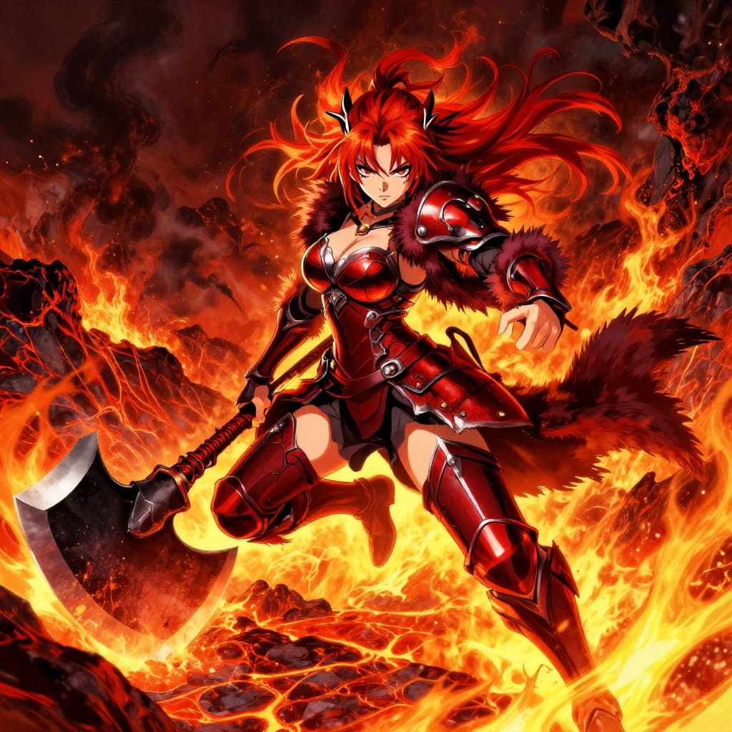 A dynamic anime-style illustration of a female warrior with fiery red hair and a massive axe. She wears revealing, fur-trimmed armor with red and black accents, featuring detailed metallic details and a fierce expression of determination. The scene is set in a volcanic landscape: molten lava flows and erupts from the ground, with dark smoke rising into the sky. The lighting is dramatic, with intense orange and yellow firelight reflecting off the surface. The color palette is rich and vibrant, with deep red, dark brown, and warm orange tones. The composition places the warrior centrally with dynamic pose and foreground action drawing the eye toward the fiery background. The brushwork is sharp and expressive, with strong contrast and bold lines defining the character's features and the scene's atmosphere. The image is rendered in digital format with high-resolution detail and a flat, anime-inspired aesthetic.