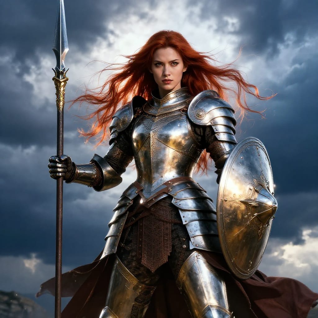 A warrior woman stands dynamically in a mid-shot composition, her figure centered and commanding attention against a stormy sky filled with swirling clouds. Clad in ornate, metallic armor that glimmers under intense natural light, her armor blends iron and gold, reflecting sharp highlights on each plate and buckler. Her long, flowing auburn hair contrasts vividly with the cool tones of her gear, cascading around her shoulders as if caught in a gust of wind. She holds a spear in her right hand and a shield in her left, both crafted from polished metal that catches the light and adds to the scene's reflective quality. The background is a dramatic, layered sky of deep blues and silvers, evoking both tension and grandeur. Strong, directional sunlight illuminates her face and armor from above, casting sharp shadows that define her features and enhance the three-dimensional depth of her pose. The normal lens captures the full scale of her figure and the surrounding environment, with a balanced composition that guides the eye from her spear and shield through her face to the stormy horizon. Motion is implied by the flowing hair and the subtle tilt of her body, suggesting readiness for battle. The color scheme is rich and contrasting: warm auburn against cool metallics, with the blue and white clouds providing a natural backdrop. The scene details include the warrior’s determined expression, the intricate engravings on her armor, and the fine textures of her skin and fabric. The overall atmosphere is powerful and intense, charged with anticipation as she stands poised for action, her presence radiating strength and unwavering resolve.
