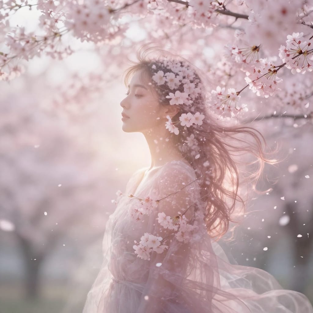 Surreal double exposure portrait capturing a woman's silhouette as the central focus, her form rendered in soft, delicate lines against a backdrop of blooming cherry blossom trees. The petals cascade in ethereal motion, drifting through the air like living silk, creating a layered, dreamlike interplay between human form and nature. Soft pink and white hues dominate the scene, with a gentle golden light filtering from above, casting a warm glow that enhances the luminous quality of the petals and the woman’s silhouette. The composition balances the organic chaos of falling blossoms with the serene stillness of the subject’s figure, framed by a low-angle lens that emphasizes depth and intimacy. Fine art photography style with minimalistic background blur, rich textures in the petals’ softness, and a subtle motion effect from drifting leaves, evoking a feeling of quiet magic and transcendent beauty.