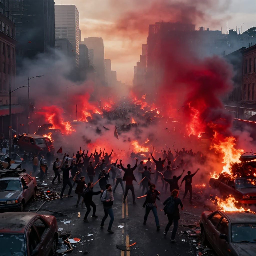 A wide shot captured from a high vantage point above the city street during a violent riot, where the rule of thirds places the central action on the midline, drawing immediate attention to a dense crowd of individuals raised in dynamic poses, arms outstretched as if shouting slogans or signaling urgency. The composition is framed by towering buildings in the background, their outlines softened by billowing red smoke and flickering flames that explode from overturned vehicles and burning structures. Natural light filters through the darkening sky, casting a dramatic glow on the firelit scene, while intense red and orange hues dominate the palette, emphasizing danger and chaos. The atmosphere is thick with smoke, soot, and the acrid scent of burning debris, creating a sense of urgency and confusion. Objects like overturned cars, broken glass, and scattered flags are scattered across the foreground, adding to the visual chaos. The wide-angle lens captures the expansive street, its depth enhanced by layered details from the ground up to the distant skyline. Dynamic motion is evident in the movement of people, vehicles, and falling debris, all converging in a moment of intense conflict. The overall feeling is one of frenetic energy and destruction, with every element contributing to a sense of urgency and impending collapse.