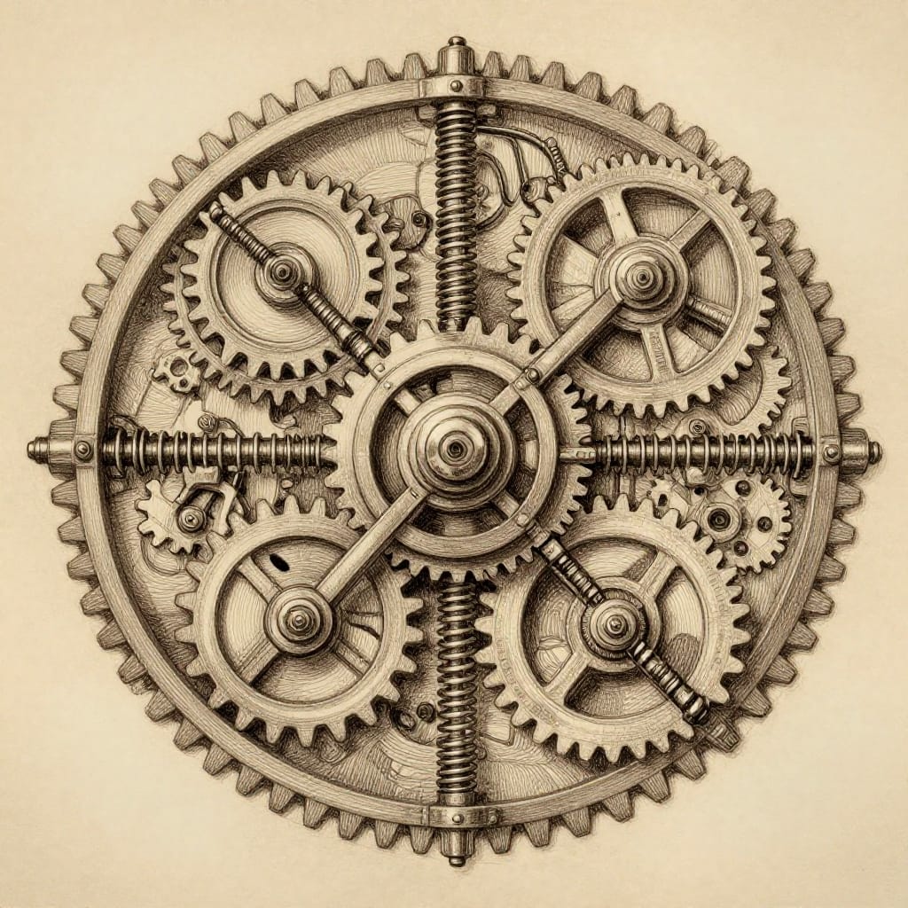 A meticulously detailed ink or pencil drawing on aged parchment, featuring an intricate arrangement of interlocking gears and springs arranged symmetrically around a central hub. The design radiates outward in precise, concentric lines that guide the eye through layers of mechanical complexity. Each gear is rendered with fine, deliberate lines, capturing the texture of toothed edges and joint connections, while springs coil with delicate precision, their metallic curves echoing the industrial era's craftsmanship. The monochromatic palette consists of deep browns, earthy beages, and soft grays, creating a unified, timeless aesthetic that enhances the mechanical theme without distraction. Even lighting across the surface eliminates shadows, resulting in a flat yet deeply textured appearance that emphasizes the tactile quality of the medium. The composition balances symmetry with subtle variation, evoking a sense of quiet motion and quiet authority. The overall feeling is one of intricate precision and mysterious complexity, where every line contributes to a larger narrative of mechanical harmony and industrial elegance.