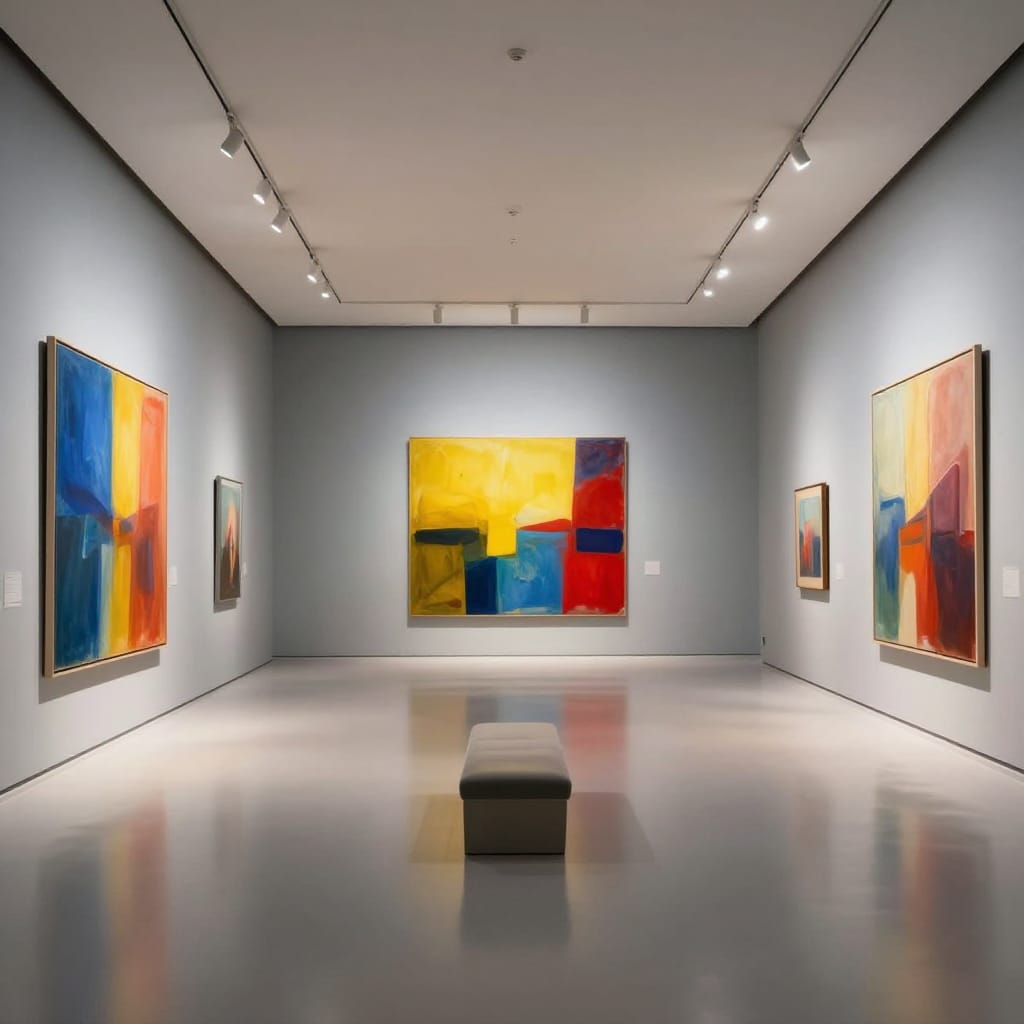 A wide-angle shot captures a modern art gallery interior bathed in the soft, even glow of track lighting from above. The composition adheres to the rule of thirds, with vibrant abstract paintings on either side creating balanced symmetry and anchoring the scene in the midground. The central seating area features a sleek modern stool, drawing the eye through the gallery’s expansive space toward the luminous artwork. The walls are smooth gray, the floor is a polished glossy white that reflects the artwork and ceiling lights like a mirror, amplifying color saturation and depth. Artificial track lighting casts even illumination across the scene, highlighting the bold contrast between cool blues, warm yellows, and vibrant reds in the paintings. The atmosphere is calm and contemplative, with a clean, uncluttered environment that invites quiet appreciation of the art. The lens captures the full breadth of the room, emphasizing spatial depth and the interplay of light and color. The overall feeling is elegant and artistic, evoking a sense of quiet reverence for creativity in a serene, minimalist setting.