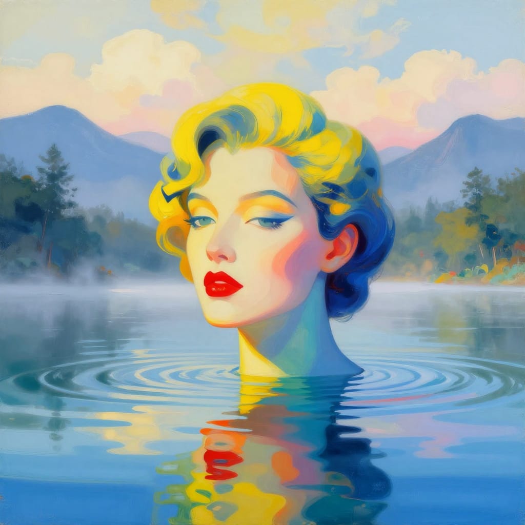 A vibrant Pop Art painting captures a person’s head and shoulders partially submerged in water, their face illuminated by soft, natural daylight that casts gentle reflections across the surface. The water, acting as both medium and surface, holds a luminous, colorful reflection of the subject, rendered in bold, flat hues of blue, yellow, red, orange, white, black, and green. The background unfolds into a serene landscape of misty mountains, dense trees, and a soft, fluffy sky filled with wispy clouds, creating a harmonious balance between the human form and nature. The composition is centered, with the subject occupying the midground while the vast, tranquil landscape extends into the background. The lighting is diffused and warm, enhancing the dreamlike atmosphere with subtle highlights that glow on the water’s surface. The brushwork is smooth yet detailed, with precise lines defining facial features and soft gradients blending colors seamlessly. The overall feeling is serene and ethereal, evoking a surreal, almost otherworldly moment where human presence merges with nature through vivid, painterly expression.
