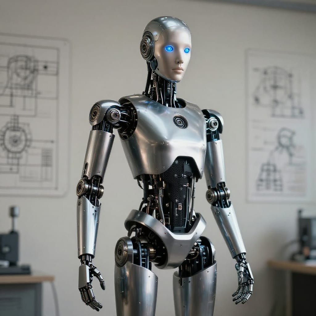 A humanoid robot stands upright in a balanced mid-shot composition, its polished metallic body reflecting soft, even light that casts gentle shadows across its contours. The android's dome-shaped head features a circular visor with glowing blue eyes, suggesting active cognition. Its limbs are constructed from interlocking metal plates and joints, revealing visible screws, rivets, and mechanical components that emphasize its engineered design. The background is a neutral-colored wall adorned with technical schematics and diagrams, reinforcing the industrial setting of a laboratory or workshop. The lighting is soft and natural, diffused from an ambient source that avoids harsh highlights while preserving the metallic sheen. A standard lens captures the scene with minimal distortion, focusing attention on the android's intricate details. The atmosphere is industrial and precise, evoking a sense of technical mastery and focused purpose. The overall feeling is neutral yet grounded in innovation, with a color scheme dominated by metallic grays, silvers, and subtle blue accents that highlight the android's advanced design.