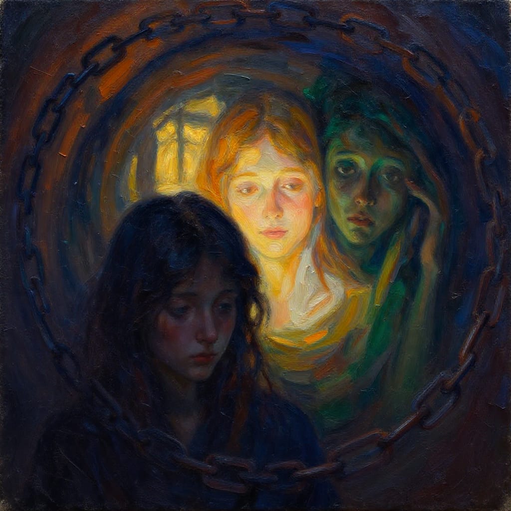 A deeply introspective artwork depicting a chain of imagined emotions: a melancholic figure in the foreground, whose gaze drifts into the midground where a radiant, joyful person emerges, only to be replaced by a second figure of sorrowful eyes, who in turn imagines the first person again. The composition unfolds in concentric layers, creating a visual echo of infinite longing and cyclical grief. Rendered on oil canvas with thick impasto brushstrokes and expressive impasto texture, the surface is richly textured with visible paint ridges that amplify depth. A dramatic chiaroscuro lighting contrasts the deep shadows of the figures' faces against luminous highlights on their eyes and hair, while a warm, golden glow filters through a translucent window in the background, casting soft light across the scene. The color palette features deep indigo for the melancholic tones, burnt ochre for the warm joy, emerald green for the emotional depth, and a soft, translucent white that glimmers like memory. The overall feeling is one of profound melancholy and quiet transcendence—a moment suspended between sorrow and hope, where every layer of imagination deepens the emotional resonance of the artwork.