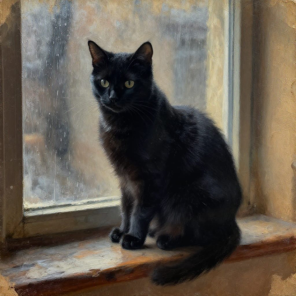 A black cat sits poised on a weathered wooden windowsill, its sleek body framed by the soft glow of indoor light filtering through rain-slicked glass. The aged paper surface, textured with visible grain and subtle cracks, catches the ambient light, creating a tactile depth that enhances the scene’s vintage atmosphere. The cat’s fur is rendered in rich charcoal grays, its eyes sharp and watchful, reflecting the muted blues of the rain outside. Soft brushstrokes define the cat’s form, blending into the gentle washes of ochre and slate gray that define the windowsill and surrounding paper. A warm, diffused light from within the room casts gentle highlights on the cat’s back and forehead, while cool rain streaks cascade across the glass, creating a dynamic contrast between the warm interior and cool exterior. The composition balances the cat’s quiet presence with the soft chaos of falling rain, evoking a mood of contemplative stillness and intimate solitude.