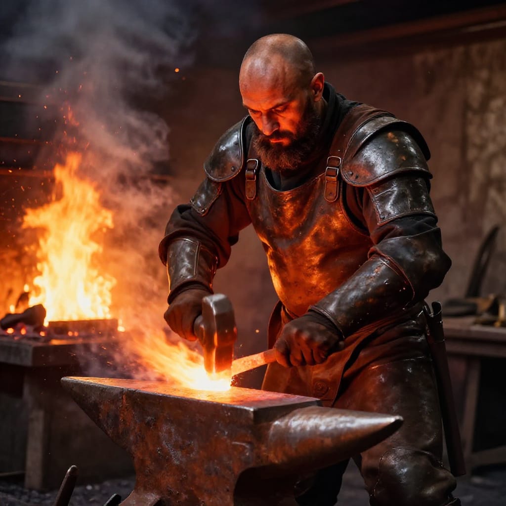 A mid-shot image of a blacksmith in a traditional forge, captured with a standard lens that balances depth and detail. The blacksmith is a muscular man with a bald head and a thick beard, wearing tattered leather armor that shows signs of wear from years of labor. He is seated at a large, rusted anvil, his calloused hands covered in soot as he hammers molten metal with a heavy iron hammer. The forge emits bright orange and yellow flames that illuminate the scene from below, casting a warm, flickering glow on the blacksmith’s face and armor. The background is filled with swirling smoke and embers, creating a dynamic atmosphere of heat and motion. The composition balances the foreground anvil and tools with the midground blacksmith and the background fire. The lighting is dramatic and natural, with the fire acting as both a key light source and a heat emitter. The color scheme is rich and warm, dominated by oranges, yellows, and reds that radiate from the forge. The image captures intense focus, physical effort, and the raw energy of craftsmanship. The blacksmith’s intense expression, the texture of his leather, the sheen of molten metal, and the dynamic smoke and fire all contribute to a scene that is both realistic and deeply atmospheric.