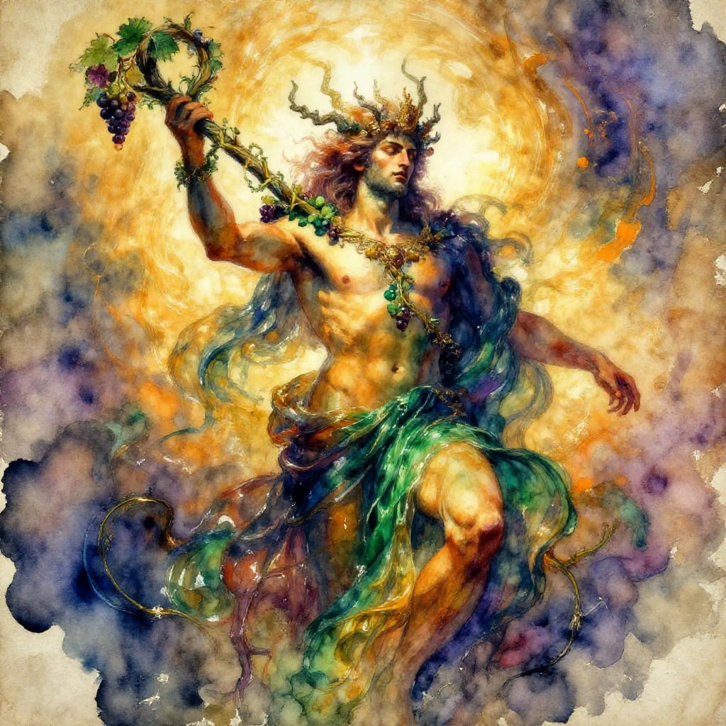 Dionysus: God of wine, revelry, and theater, rendered in vibrant watercolor on aged textured paper. The composition centers a dynamic, half-figured Dionysian figure, his form rendered with loose, expressive brushwork that captures the fluidity of motion and the intensity of his ecstatic expression. His body is draped in flowing, iridescent robes that shimmer with wet-on-wet techniques, their surfaces blending deep saffron, emerald green, and indigo in a dreamlike transparency. A thyrsus staff entwined with a vine rests across his shoulder, its tendrils bursting with ripe grapes and wild flowers. The background dissolves into a swirling vortex of golden sunlight, casting warm highlights that contrast with cool shadows, evoking the drama of a mythic scene. The aged paper surface reveals subtle grain and minor watercolor washes, enhancing the tactile depth of the painting. The overall atmosphere is one of boundless energy, joyous transformation, and timeless mythic presence—capturing the essence of Dionysus as both god and reveler.