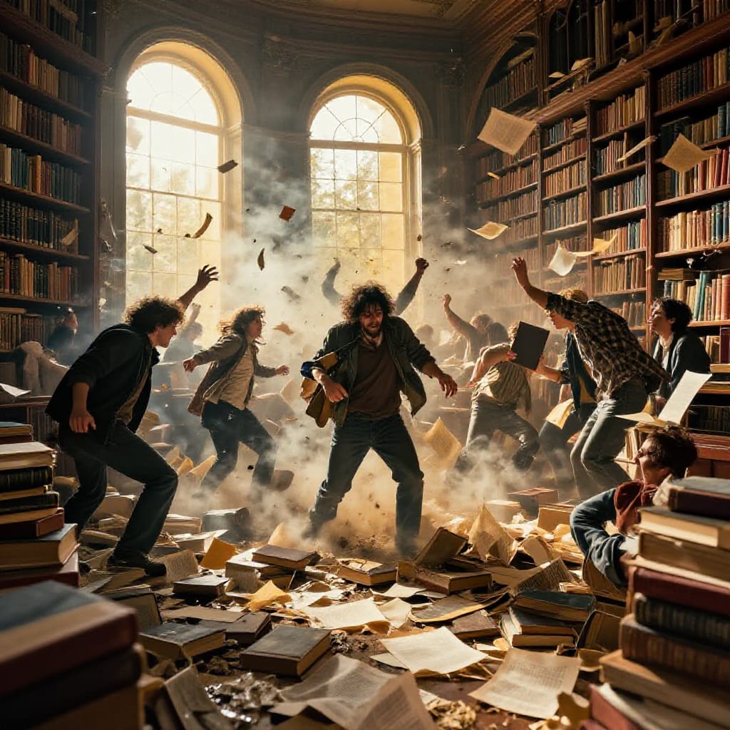 A chaotic riot erupts in a grand library, captured mid-shot with the rule of thirds composition placing the intense physical struggle at the center. The foreground is a riot of flying books, scattered papers, and debris, their trajectories frozen mid-air as if caught in a sudden gust. The mid-ground features a group of individuals—some in casual attire, others disheveled—engaged in violent motion: one lunges forward, another kneels, another raises a book as a shield. The background reveals towering bookshelves lining arched windows, their wooden frames darkened by smoke or dust. Natural light floods through the windows, casting warm, golden highlights on scattered texts and faces, while shadows deepen the tension in the air. The normal lens captures crisp detail without distortion, emphasizing the dynamic movement of the crowd and the scattered chaos of the library’s quiet interior. The atmosphere is tense and disordered, with smoke curling from the floor and the scent of paper mingling in the air. Warm color tones dominate—golden light on books, amber hues in the windows, earthy browns of furniture—creating a vivid contrast to the vibrant chaos. The overall feeling is one of sudden, explosive disorder within a once-harmonious space, where order gives way to raw, unfiltered conflict.
