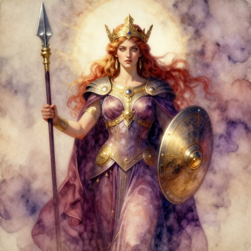 Hera, the Queen of the gods, stands resolute and regal as she prepares for war, her presence imbued with divine authority and maternal strength. Rendered in watercolor on aged parchment, her figure emerges with delicate, flowing brushwork that captures the softness of her flowing gown and the intricate patterns of her ceremonial armor. The composition centers her in a dynamic pose, one hand resting on a spear, the other gripping a shield adorned with golden symbols of her domains. Soft, diffused light from above casts gentle shadows that define her form, enhancing the three-dimensional depth of her regal stature. Her hair, a cascade of rich gold and crimson, frames a face of serene intensity, eyes alight with command. The color palette blends earthy ochres, deep maroons, and soft lavenders for her robes, punctuated by luminous golds and whites in her crown and jewelry. The background dissolves into a muted, atmospheric haze of sky and mist, emphasizing her central role. The overall feeling is one of majestic power and sacred preparation, a moment of divine strength before conflict, rendered with the fluid grace of watercolor and the timeless elegance of classical illustration.