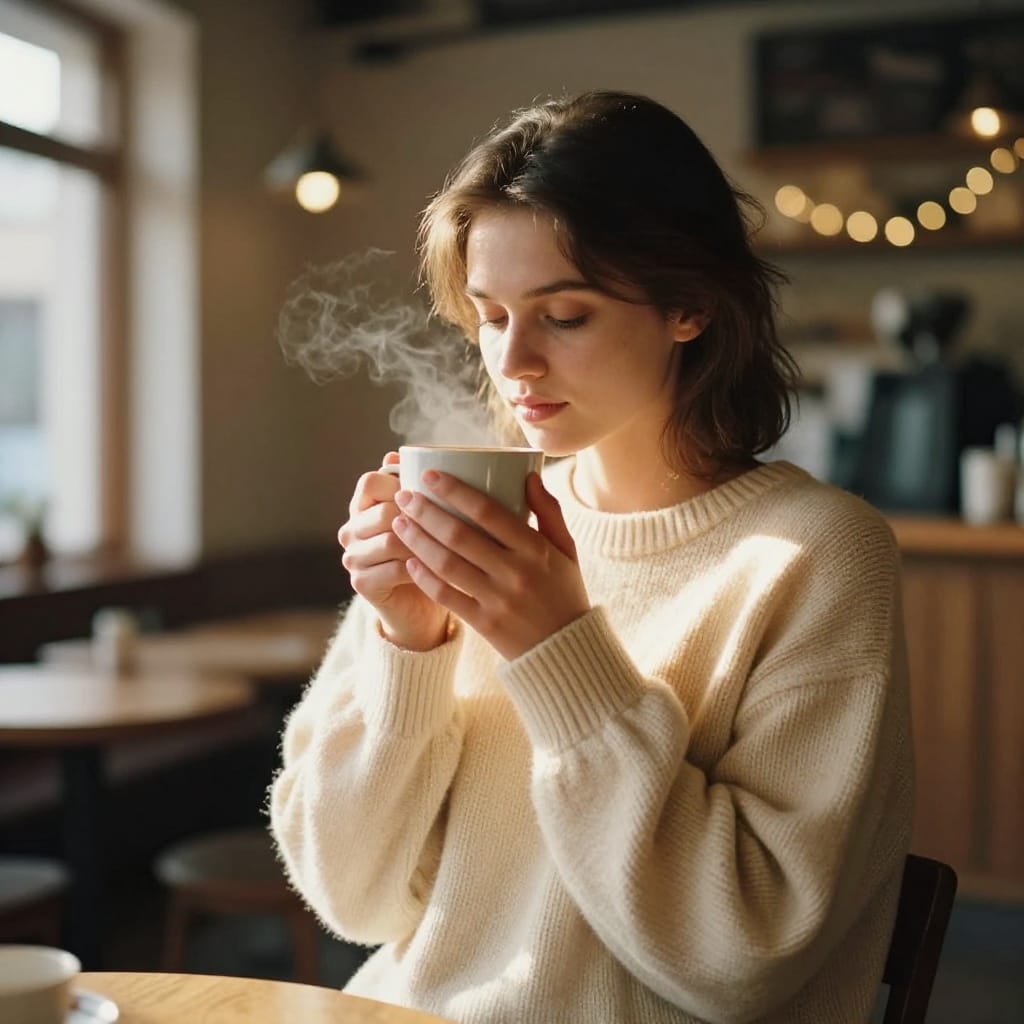 A young woman stands in a cozy coffee shop, captured in a candid moment with her eyes softly focused on a warm ceramic mug held close to her chest. Shot on a 35mm film camera from a slightly low angle that emphasizes her relaxed posture and gentle expression, the composition centers her against a softly blurred background of bokeh-lit string lights and distant shelves. Natural window lighting streams in from the left, casting soft, golden highlights across her cream knit sweater with a subtle texture and creating gentle shadows that define her face and hands. The warm ambient glow from the shop’s interior—muted browns, soft yellows, and creamy whites—adds depth and intimacy to the scene. Her hair is loosely styled, and a faint steam rises from the mug she holds, capturing a fleeting moment of quiet connection. The 35mm lens renders the background in gentle bokeh, isolating her while preserving the rich texture of the sweater and the organic warmth of the environment. The overall atmosphere is inviting, serene, and deeply human—warmth, comfort, and connection.