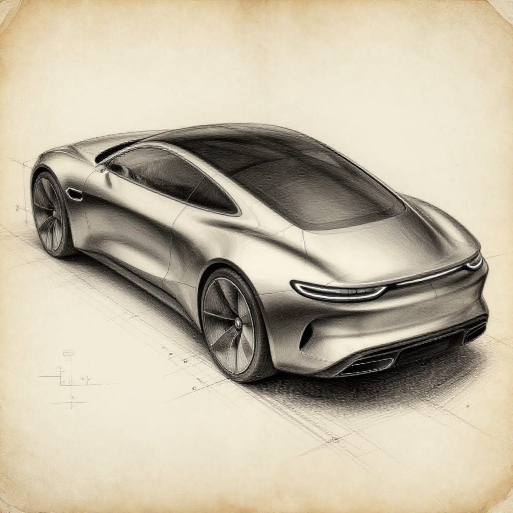 Concept art for a futuristic luxury sedan rendered in meticulous pencil and ink on aged, textured paper. The composition features a sleek, aerodynamic vehicle with precise engineering details: a low-profile hood, integrated LED taillights, and a dual-tone body panel with subtle gradient shading. Scientific accuracy is emphasized through precise measurements marked in millimeters along the chassis and wheelbase, while cross-hatching and fine linework define every curve and surface texture. The lighting is soft and directional, casting gentle shadows that highlight the car's curves and metallic sheen. A detailed technical illustration includes scale indicators, part numbers, and cross-sectional views of the suspension system. The aged paper adds a tactile depth with visible grain, minor water stains, and faint pencil marks at the edges, enhancing the vintage authenticity. The monochrome palette uses subtle tonal variations to create depth without color, focusing on contrast and form. The overall feeling is one of innovative precision and timeless design, capturing both the functional elegance and advanced technology of the vehicle.