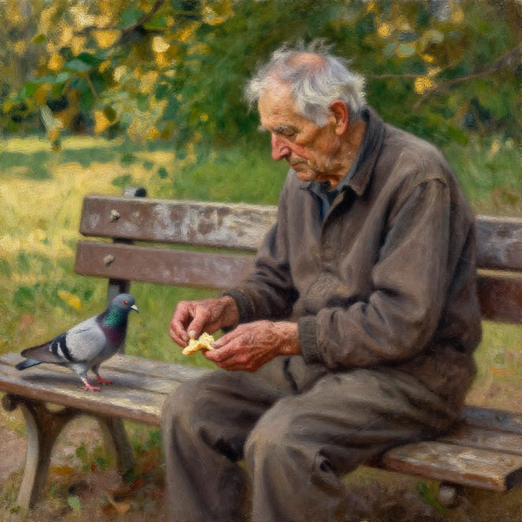 An elderly man with silver hair and gentle lines on his face sits quietly on a weathered wooden park bench, feeding small pigeons with a crumpled piece of bread. His hands are steady, slightly wrinkled, as he watches the birds with quiet focus. The bench is covered in faded, sun-bleached fabric, its edges frayed and its surface marked by age and use. Behind him, a lush green tree canopy filters soft, golden light from an overcast sky, casting dappled shadows across the park grass below. The scene is rendered in oil paint on aged paper with visible grain and texture, where each brushstroke captures the subtle imperfections of time—cracks in the wood, creases in his skin, and the soft blur of motion in the wings of the birds. The color palette blends earthy browns, muted greens, and warm ochres, evoking a serene, meditative atmosphere of quiet connection between human and nature.