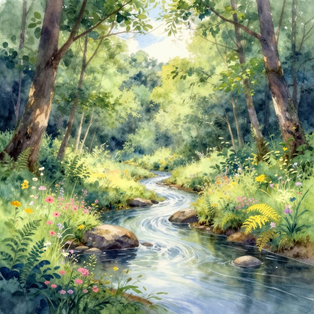 A serene forest landscape rendered in watercolor on fine paper, where a winding river flows through a lush green valley dotted with smooth rocks and rippling water. The trees are densely packed with detailed foliage—each leaf rendered with delicate brushwork showing texture and depth, while trunks display subtle grain and natural imperfections. The ground is carpeted with vibrant wildflowers and ferns in soft, blended hues of pink, yellow, and chartreuse, creating a rich tapestry of color. The sky above is bright and partly cloudy, casting gentle light that filters through the canopy to form dappled shadows on the forest floor, enhancing the sense of depth and atmosphere. The overall composition is balanced and harmonious, with the river acting as a central visual anchor that draws the eye through the scene. The artistic style blends realistic detail with impressionistic softness, emphasizing light and color blending typical of watercolor techniques. The brushwork is fine yet fluid, capturing the delicate flow of water and the gentle movement of foliage. The color palette is rich and varied, featuring lush greens, cool blues, warm yellows, and soft purples that evoke a tranquil, sunlit morning in nature. The overall feeling is one of peace and serenity, inviting the viewer into a quiet moment of natural beauty where light, color, and form converge to create an inviting, timeless landscape.