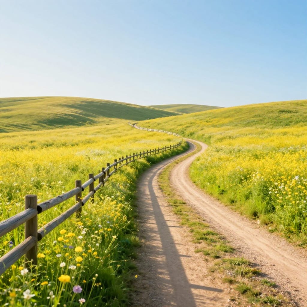 A wide-angle shot captures a serene rural landscape where a winding dirt road curves through a lush field of vibrant wildflowers under a bright blue sky. The scene follows the rule of thirds, with the road leading the eye into the distance, framed by a weathered wooden fence on the left that adds structural depth. Rolling hills stretch beyond the field, their gentle slopes softened by a warm, golden light that enhances the vivid greens of grass and wildflowers. The natural lighting bathes the scene in bright, diffused sunlight, creating soft shadows and emphasizing the delicate textures of petals and foliage. The atmosphere is calm and tranquil, evoking a sense of peace with no distractions—only the quiet beauty of nature. The warm color palette of sunlit greens, soft yellows, and pale blues creates a harmonious, uplifting mood that radiates happiness and serenity. The lens captures a wide field of view with slight distortion at the edges, enhancing the sense of expansive space. Motion is implied through the gentle curves of the road and the undulating hills, creating a natural flow that invites contemplation. The overall feeling is one of peaceful contentment, where the simplicity of nature and the brilliance of light converge to inspire a profound sense of calm and joy.