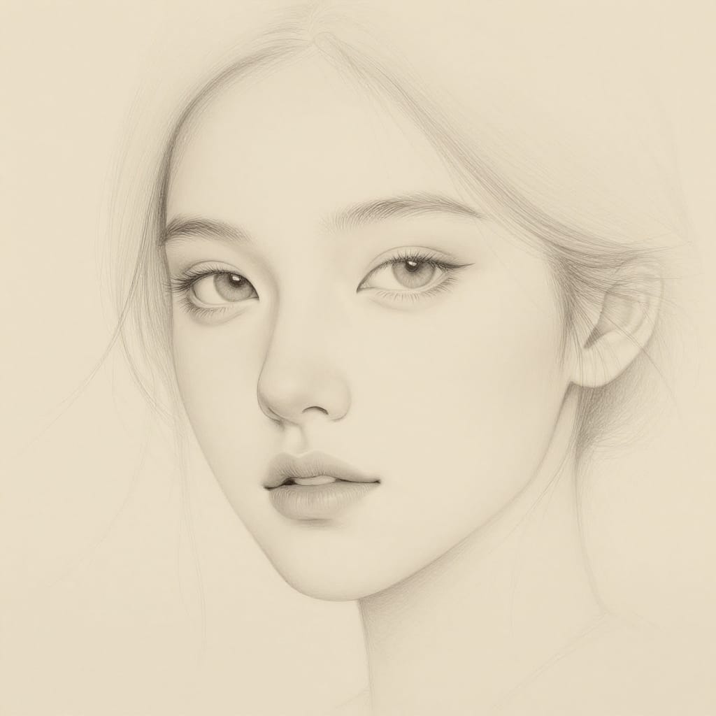 Minimalist portrait of a young woman's face in delicate pencil sketch style, rendered with soft monochrome tones on warm ivory paper. The composition is clean and balanced, featuring subtle negative space that emphasizes the subject’s expressive features. The subject’s almond-shaped eyes are rendered with precise, light graphite shading, creating a gentle depth of field around the eyelids. Slight eyeliner defines the eye’s shape, while long lashes add delicate detail. The skin is smooth and porcelain-like, achieved through ultra-fine linework that captures the subtle texture of fine pores and natural contours. Slightly parted lips are highlighted with soft light, giving them a luminous quality. Thin, flowing strands of hair cross the face, drawn with elegant, loose lines that mimic the fluidity of real hair. The lighting is soft and diffused, casting minimal shadows that enhance the sculptural form of the face. The entire image presents a refined fashion illustration aesthetic, combining minimalist clarity with intimate detail. High-resolution rendering ensures every line and tone is crisp and defined, evoking an elegant, calm, and timeless mood of luxurious beauty captured in timeless pencil artistry.