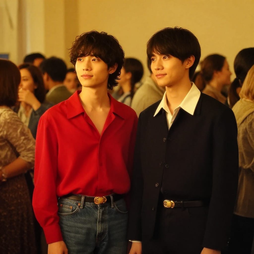 Two individuals stand side by side in a crowded indoor setting, their silhouettes framed by a warm, golden ambient light that bathes the scene in nostalgic warmth. The person on the left wears a vibrant red open-collared shirt with bold collar details, paired with blue denim jeans and a gold belt buckle; the right side is a sleek black jacket with a crisp white collar, complemented by a matching gold belt. Both are posed upright, their expressions relaxed and engaged, capturing a casual, lived-in moment. The mid-shot composition places them at the center of the frame, with the crowd filling the lower third of the background—people in varied attire, adding depth and context to the event. The lens is standard, preserving natural proportions and perspective. Lighting is warm and diffused, creating soft highlights on their faces and clothing while casting gentle shadows that enhance dimensionality. The atmosphere is lively and social, alive with the energy of an indoor gathering. Scene details include the textures of fabric, the subtle shine of metal belt buckles, and the varied silhouettes of onlookers. The overall feeling is nostalgic and joyful, evoking a sense of timeless connection through shared moments.