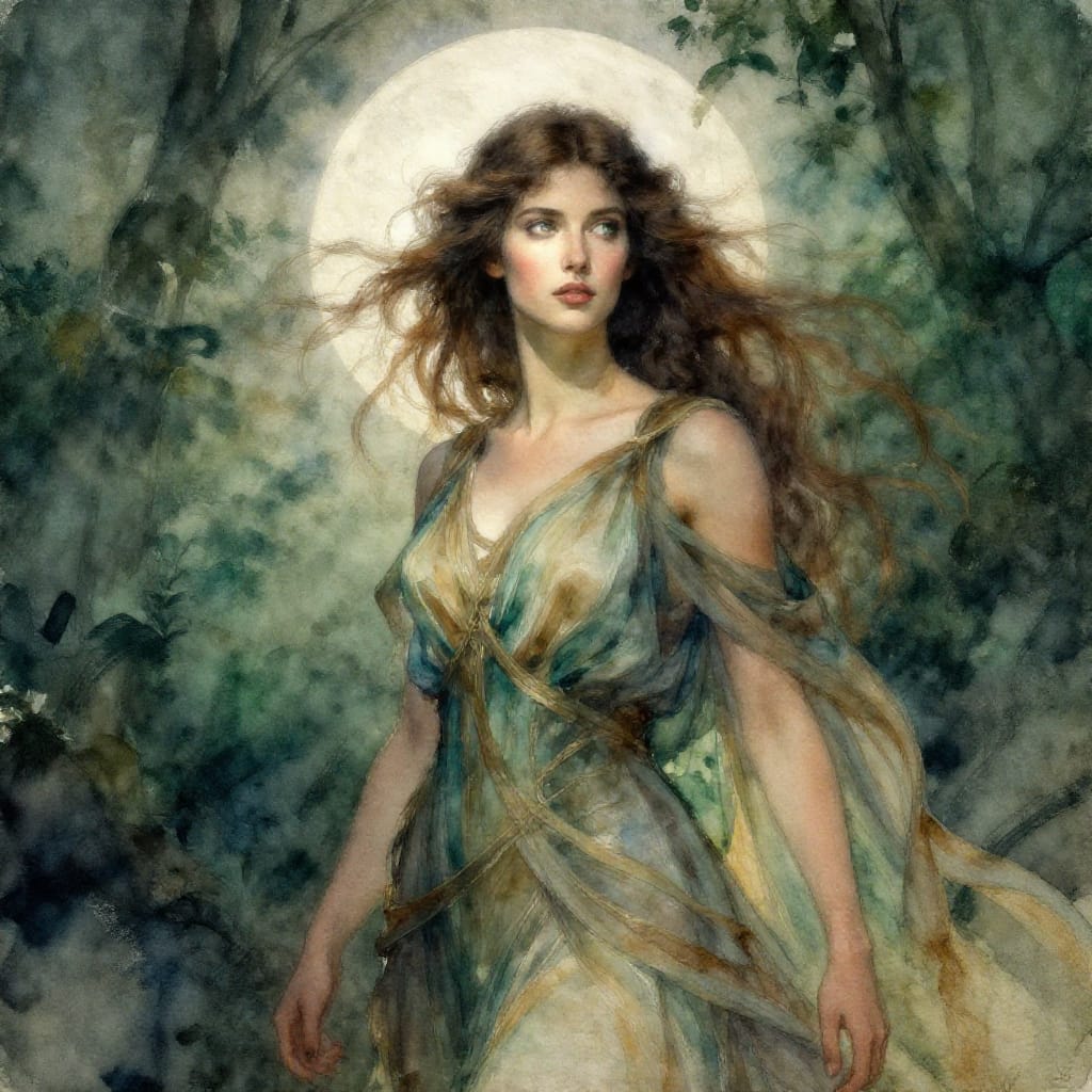 Artemis: Goddess of the hunt, wilderness, and the moon, poised in dynamic readiness for war. Her watercolor on aged paper captures the interplay of light and shadow with delicate washes. The surface features a textured, slightly fibrous paper that enhances the organic feel of her hair and skin. Her style blends expressive linework with soft, flowing watercolor strokes, emphasizing her youthful beauty and martial grace. Her face is illuminated by a gentle, diffused moonlight source from above, casting luminous highlights on her eyes and hair while creating soft shadows in her gaze. Her dress—a flowing, layered garment of muted earth tones and subtle gradients of teal and ochre—contrasts with the deep greens and browns of her forest surroundings. The composition centers her figure against a backdrop of dense foliage and a pale moonlit sky, evoking a tranquil yet charged atmosphere. The overall feeling is one of quiet strength and serene anticipation, where the goddess’s serene countenance meets the fierce readiness of a warrior prepared for battle.