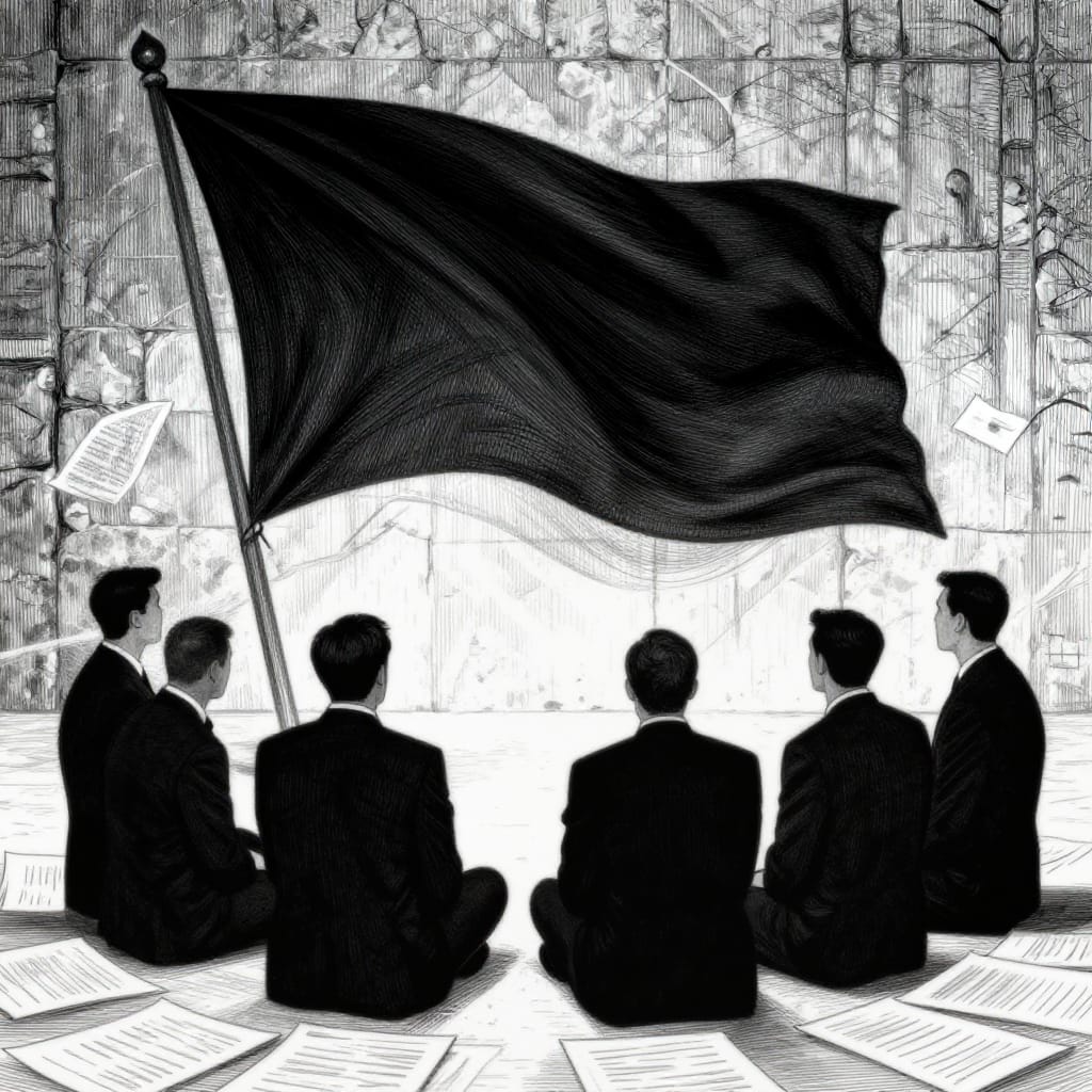 Four men in formal dark suits sit in a semi-circle on the ground, their faces absent and bodies defined by precise linework. They face a fluttering flag symbolizing authority or unity, its movement captured in dynamic diagonal lines that suggest motion. Scattered across the surface are documents, their edges blurred to emphasize action over detail. The background is a textured wall or fence resembling weathered stone, rendered with subtle cross-hatching to create depth and historical weight. The artwork is a black and white illustration characterized by symbolic composition and satirical clarity, where form and function converge in a minimalist yet powerful visual language. Fine lines define the men’s suits and the flag’s motion, while cross-hatching adds tactile texture to the background. Even lighting across the image maintains consistent tone without shadow, enhancing the formal and reflective mood. The limited color palette of black and white amplifies contrast and symbolism, evoking a sense of gravity and significance. The overall feeling is one of solemnity and quiet authority, capturing a moment of formal deliberation or political resolve through precise visual storytelling.