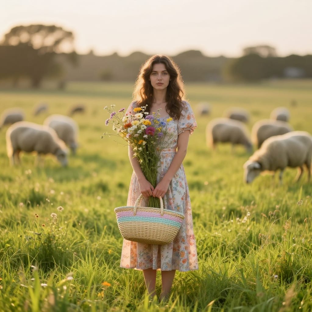 A woman stands centrally in a mid-shot composition within a pastoral field, her vibrant floral dress blending seamlessly with the lush green grass. She holds a bouquet of wildflowers and a pastel-colored woven basket, both catching the warm, golden light of sunset or sunrise that bathes the scene in a soft glow. The subject is framed by a soft-focus background of grazing sheep and distant trees, creating gentle depth. A standard lens captures the scene with crisp detail, while a shallow depth of field blurs the background into a dreamy expanse. The warm light highlights the textures of the grass, flowers, and basket, enhancing their natural beauty. The atmosphere is calm and peaceful, evoking tranquility in a rural, natural setting. The color palette is warm and earthy, dominated by soft greens, golden yellows, and delicate pastel tones of the basket. The overall feeling is relaxed and serene, capturing a moment of quiet beauty and simple harmony in a sunlit field at golden hour.