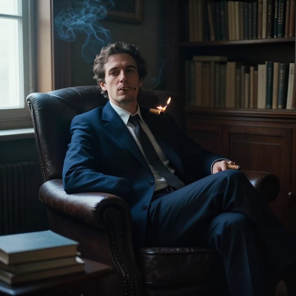 A man seated comfortably in a dark leather armchair, exuding a relaxed demeanor, captured mid-shot with the subject positioned in the upper left quadrant according to the rule of thirds, while the bookshelf occupies the bottom left quadrant. The scene is bathed in soft, natural light from a window out of frame, casting gentle shadows that highlight the man’s face and the plume of smoke rising from his lit cigar. His formal dark blue suit, white shirt, and dark tie frame his relaxed posture as he holds the cigar between his fingers, with a soft glow emanating from the flame. The bookshelf, filled with books of varying sizes and titles, anchors the background in an intimate study-like setting. The dimly lit atmosphere enhances the moody, contemplative mood, with cool tones dominated by deep blues, browns, and muted grays creating a sophisticated, timeless ambiance. A standard lens captures the scene with natural perspective, preserving sharp detail on the man’s face and the texture of the leather chair, while soft focus gently blurs the distant bookshelf into a dreamy background. The stillness of the moment is broken only by the slow ascent of smoke, suggesting a quiet pause in a life of quiet reflection.
