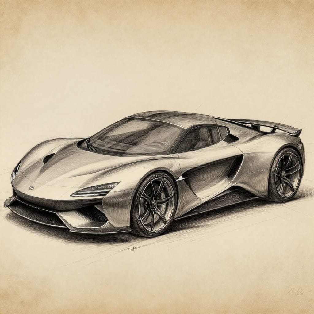 Concept art for a cutting-edge luxury sports car rendered in pencil and ink on aged paper with textured surface. The drawing features a highly detailed, scientifically accurate representation of the vehicle’s aerodynamic lines, seamless integration of aerodynamic features, and precise engineering specifications. Key technical elements include: tire size notation (20"), wheel rim width measurement (4.5"), engine displacement (5.0L), and horsepower (600). The composition balances symmetry and dynamic form, with the car positioned in profile to highlight its sleek silhouette and subtle curve across the hood. Lighting is soft and even, casting subtle cross-hatching across the chassis to emphasize depth and texture. The color palette consists of neutral grays, deep blacks, and muted browns, with fine ink lines defining every contour from the front fender to the rear spoiler. The paper’s aged texture adds organic contrast, enhancing the tactile quality of the drawing. The overall atmosphere is one of meticulous craftsmanship and analytical precision, capturing both the aesthetic beauty and technical excellence of modern automotive design.
