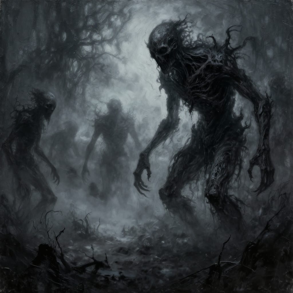 A dark fantasy horror painting on canvas captures a haunting scene of grotesque, humanoid figures emerging from a fog-drenched, desolate landscape. The composition is asymmetrical, with the largest and most menacing figure dominating the right side of the frame, its elongated limbs and twisted, skeletal form rendered in jagged, textured brushwork that conveys grotesque horror. Smaller, lesser-formed creatures occupy the left side, their features partially obscured by swirling fog that clings to the barren terrain below. The surface of the canvas is textured with a gritty, tactile brushwork that emphasizes shadow depth and atmospheric haze, enhancing the sense of isolation. The lighting is minimal, relying on deep shadows and the faint, distant glow of an ambient light source to create a mysterious, ominous atmosphere. The color palette is monochromatic, dominated by shades of gray, black, and white, with subtle hints of shadow and fog adding dimension. The overall feeling evokes dread, isolation, and impending doom, with the supernatural and unknown lurking beneath the surface of this desolate world.