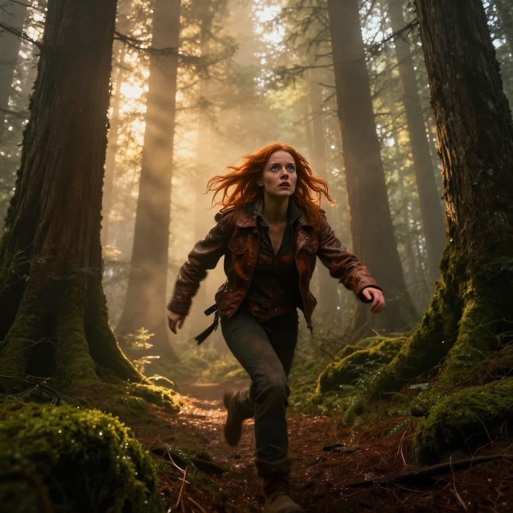 A 22-year-old Scandinavian woman with cascading auburn hair and piercing blue eyes charges through a dense, fog-veiled ancient redwood forest. Her face is alight with desperate determination, eyes wide and focused as she sprints forward, her breath visible in the mist. She is dressed in a weathered, distressed leather jacket with deep creases and a faded red logo, its texture contrasting with the smooth bark of towering redwoods whose trunks rise like skeletal pillars into a canopy of dappled light filtered through the fog. The camera is positioned at a low angle, capturing her from below as she moves through the forest’s layered depth, with motion blur on her jacket and hair suggesting dynamic speed. The lighting is soft and golden, casting long shadows that stretch across mossy ground and glistening dewdrops, while the thick fog creates a hazy atmosphere of mystery and isolation. A wide-angle lens exaggerates the forest’s vastness, emphasizing the scale of the trees and the woman’s small yet resolute presence within it. The color palette is rich with warm amber tones from the light, deep forest greens, and earthy browns of the leather and bark, evoking a sense of timeless struggle against nature’s enduring silence.