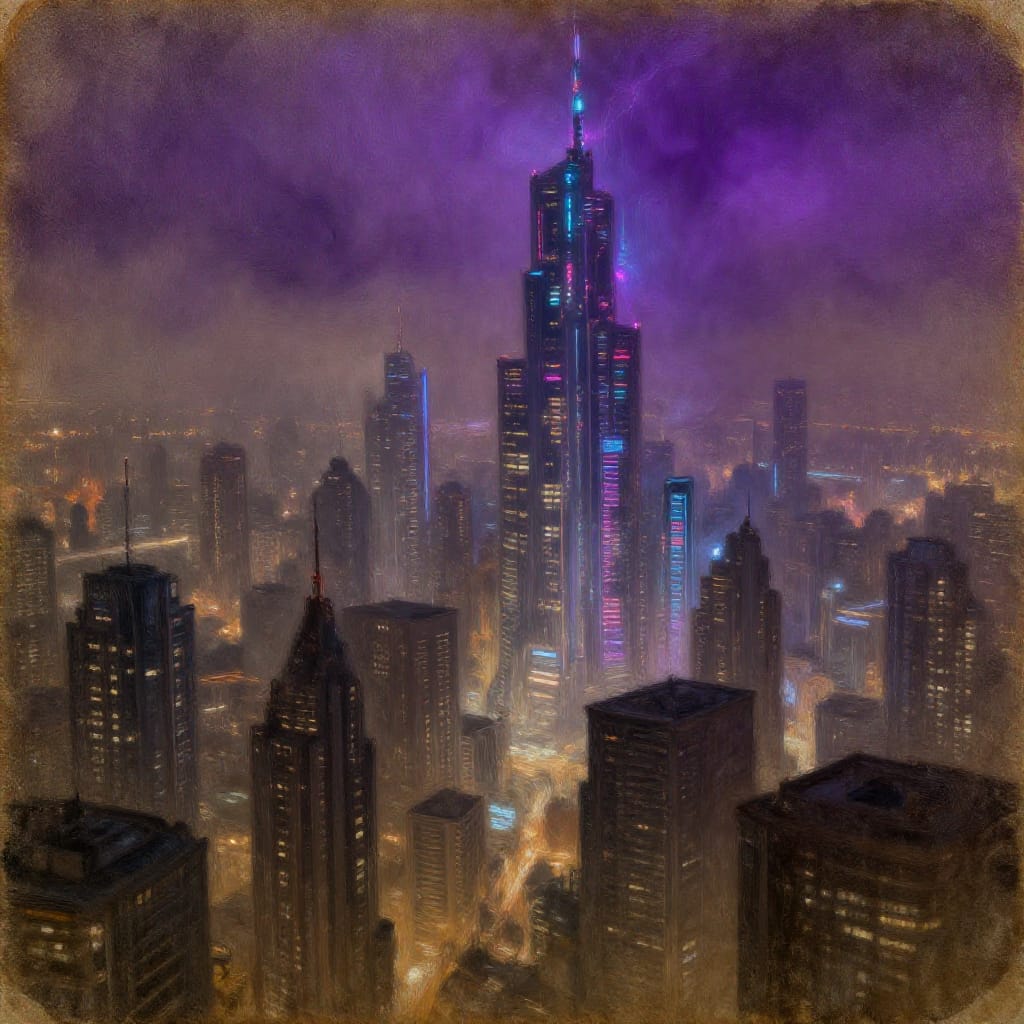 A hyper-detailed, painterly depiction of a futuristic city skyline rendered on aged paper with a coarse, textured surface. The composition captures a panoramic view from a high vantage point, where towering skyscrapers rise with sleek, reflective surfaces, their facades adorned with holographic neon signs and glowing data streams. The air is thick with atmospheric haze, casting a soft, diffused light that filters through the smoke-laden sky. A deep, cool purple gradient dominates the upper atmosphere, punctuated by electric blue and magenta neon streaks from distant towers, creating a striking contrast against the muted earth tones of the city below. The paper's grain adds tactile depth, with visible brushstrokes defining the city's vertical lines and the smooth curves of its buildings. The lighting is a combination of warm ambient glow from street lamps and cold artificial radiance from the upper sky, casting long shadows and highlighting the intricate details of the architecture. The overall atmosphere is one of quiet wonder and subtle tension—a place of technological marvel where the cost of air is felt in every breath.