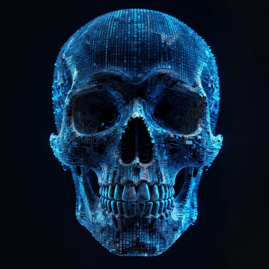 A digitally rendered skull composed entirely of interlocking binary code, its structure pixelated and fragmented to evoke a sense of digital decay. The skull is centered on a dark, uniform background of deep black and navy blue, with each binary segment glowing faintly in electric blue to create a striking contrast. The binary code forms the contours of the skull’s face, jawline, and collarbone, while intricate patterns of 1s and 0s weave through the ocular sockets and teeth like circuitry. The artistic style is hyper-detailed digital realism fused with futuristic abstraction, emphasizing the fusion of biological form and technological structure. The brushwork is minimal, relying on precise pixel placement to create a tactile, almost mechanical texture. Lighting is directional and ambient, casting soft highlights on the skull’s features and creating subtle shadows that define its three-dimensional form. The color palette is limited to deep blues, blacks, and a single bright electric blue for contrast, enhancing the mood of mystery and technological obsolescence. The composition is balanced and deliberate, with the skull’s symmetry broken by the chaotic yet structured nature of the binary code. The overall feeling is haunting, mysterious, and evocative of technological obsolescence where the familiar form of a skull is reimagined as a living testament to the persistence of technology against time's decay.