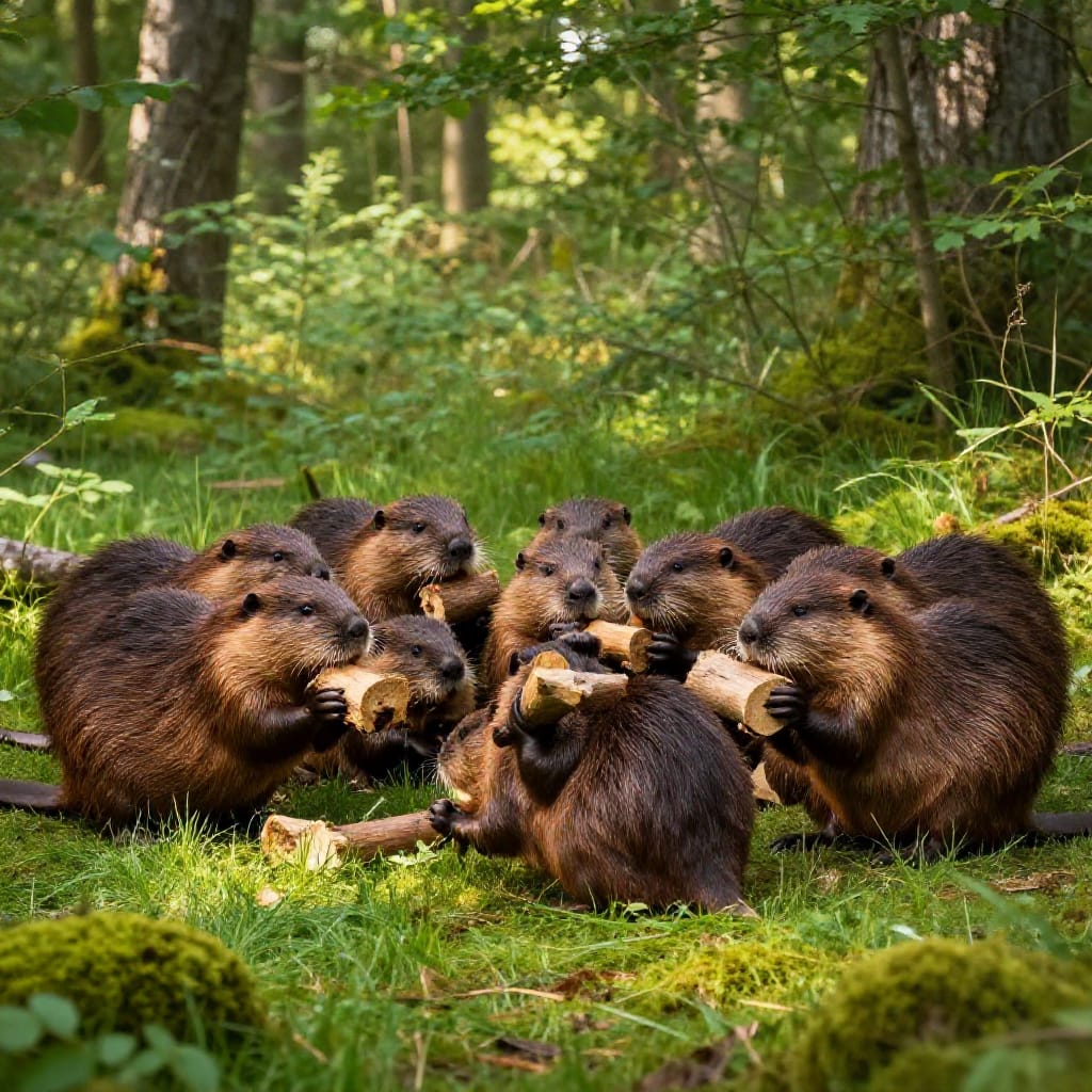 A mid-shot scene captures a group of beavers gathered in a lush forest, their bodies and behavior rendered in realistic detail. The beavers stand close together on a soft grassy patch, their brown fur catching the warm light of natural daylight filtering through the canopy above. Some hold freshly cut wooden logs in their mouths, while others grasp them in their paws, creating a dynamic yet harmonious interaction. The forest backdrop is dense with tall trees whose leaves form a dappled pattern on the ground below, casting soft shadows that emphasize the texture of the mossy forest floor. A standard lens provides a balanced, natural perspective with minimal distortion, allowing for clear focus on both the beavers and their environment. The lighting is bright and even, with a gentle golden hue from the sun creating a calm atmosphere. The color palette is neutral and earthy—rich brown beaver fur, light brown logs, and vibrant green foliage—enhancing the sense of natural tranquility. The scene feels peaceful and untroubled, with no movement in the beavers or their surroundings, capturing a moment of quiet communal activity within the wild.
