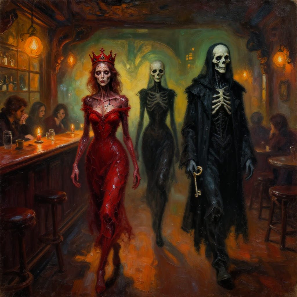 Three personified figures walk into a dimly lit bar: Cancer, Death, and Suicide. Cancer, with a crimson crown and cracked, weathered skin, walks with deliberate grace. Death, cloaked in a tattered black coat and holding a skeletal key, moves with solemn stillness. Suicide, a figure with a hollowed chest and a single tear tracing a path across their face, steps forward with quiet resolve. The bar’s aged wooden counter gleams under warm, golden-hour light filtering through dusty windows, casting long shadows on patrons murmuring in dim corners. The scene is rendered in oil on vintage canvas, with thick impasto brushwork defining textures—cracked skin, woven fabric, and the subtle sheen of sweat on foreheads. Delicate linework outlines each figure’s form, while the color palette blends rich crimson, slate, and emerald with warm amber highlights and deep shadows. The composition centers on the three figures in a diagonal line toward the bar’s entrance, their silhouettes framed by flickering candlelight and distant city fog. The overall mood is melancholic yet intimate, evoking a quiet moment of introspection and inevitable transition.