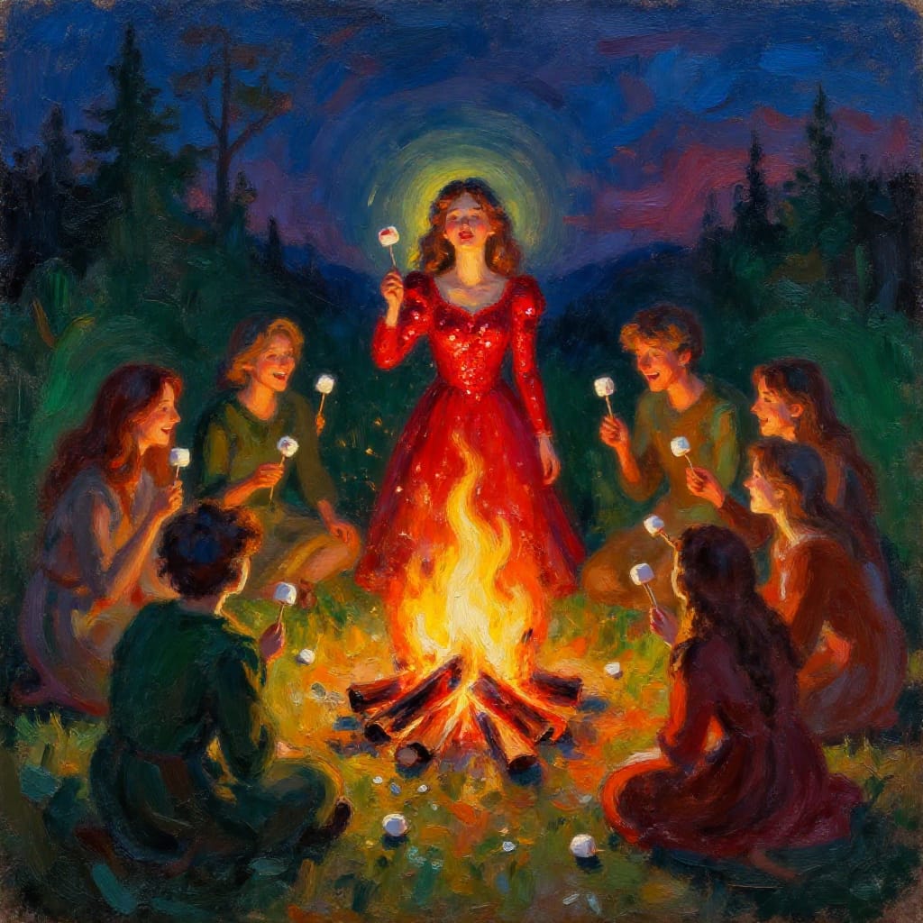 A group of friends gathered around a crackling campfire, their forms silhouetted against a twilight sky. The scene is rendered in **vibrant impressionist** style on **aged canvas**, with **thick, expressive brushstrokes** creating a dynamic texture. The central figure, a woman in a **bright red sequined dress**, holds a marshmallow over the fire, its gooey form glowing with **warm golden light** that spills onto her skin and hair. Around her, friends in **deep forest greens** and **earthy browns** roast marshmallows with **soft, flowing lines** defining their laughter and gestures. The **composition** is **symmetrical**, drawing the eye to the central fire as the **lighting** from behind creates a **halo effect** around each head, casting soft shadows that deepen the **vibrant reds, deep greens, and warm yellows** palette. The **surface texture** of the canvas reveals **fine grain** and **drying strokes**, enhancing the **whimsical, joyful, and intimate** atmosphere of a magical evening.