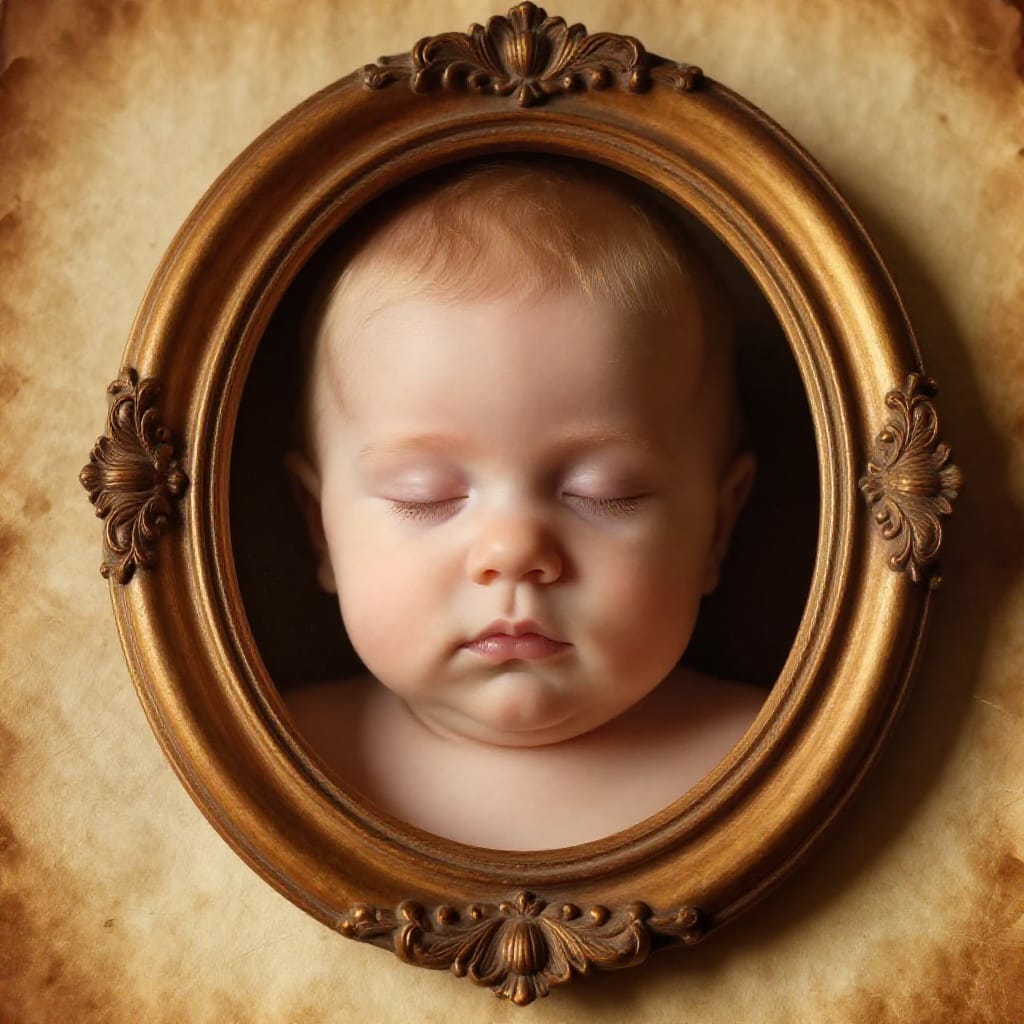 A close-up portrait of a baby with light blonde hair, eyes closed in a calm, curious gaze, framed within an ornate oval wooden decorative frame. The frame is richly carved with delicate floral motifs and soft edges, resting on a textured, aged parchment-like surface that carries a warm, slightly yellowed patina. The background is a solid, deep brown, evoking the quiet stillness of an old study or library. Soft, even natural light bathes the scene from a low angle, highlighting the baby's smooth skin and subtle texture of the frame and parchment. The composition centers the baby’s face directly at the viewer, creating a direct and intimate connection. The atmosphere is serene and nostalgic, enhanced by the warm golden tones of the lighting and the timeless quality of the vintage frame. The lens is standard, capturing a natural, unflinching detail without distortion. No motion is present; the scene is still, composed, and deeply quiet. The overall feeling is one of gentle reverence, timeless beauty, and quiet wonder, as if capturing a moment from a bygone era with unfiltered authenticity.