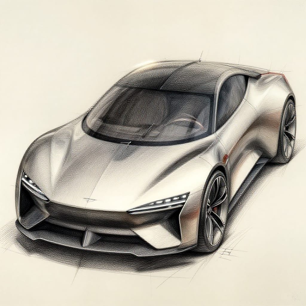 Concept art for a new car rendered in highly detailed pencil and ink on textured paper. The composition presents a front three-quarter view of the vehicle, emphasizing its aerodynamic silhouette and dynamic curves. The drawing features precise cross-hatching for surface texture and fine ink lines to define every contour of the body, including the windshield wiper arm, side mirrors, and tail lights. Scientific accuracy is evident in the realistic depiction of the engine bay, suspension components, and wheel hub details, with measurements marked as scale indicators in the lower margin. The color palette consists of muted metallics and subtle gradients in the paint, with a soft shadow beneath the hood and a bright highlight on the roofline. Lighting is direct and even, creating sharp contrasts that emphasize the car's form and material quality. The surface texture of the paper adds a tactile realism to the drawing, enhancing the sense of depth and craftsmanship. The overall artistic feeling is one of technological precision and futuristic elegance, with a balanced composition and meticulous attention to detail.