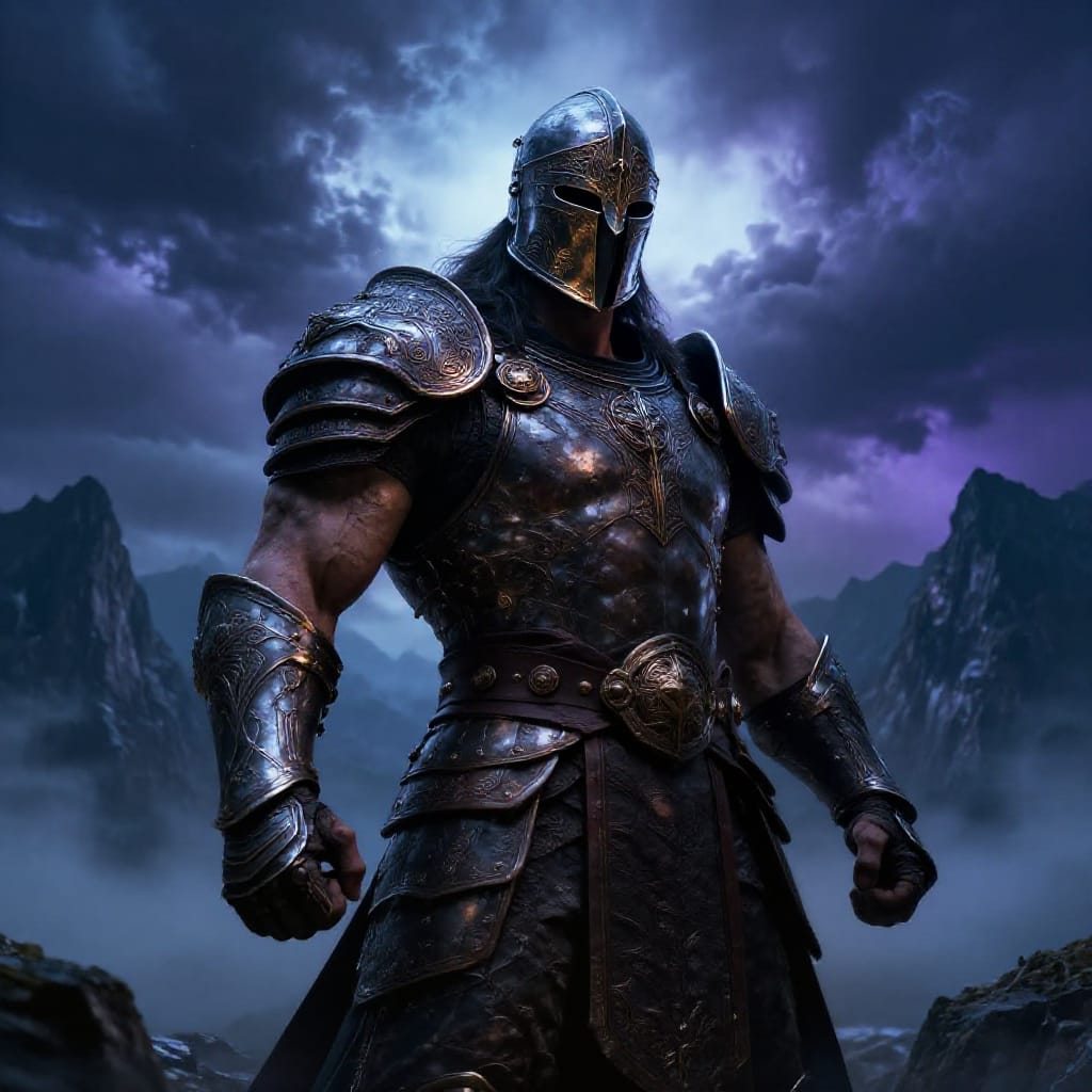 A muscular warrior stands in dramatic close-up, his weathered face and defined muscles captured under intense natural lighting that carves deep shadows across his armor. He wears a metallic helmet adorned with intricate engravings and a layered suit of ornate armor, each plate catching the light to reveal craftsmanship and history. The wide-angle lens frames him against a stormy sky filled with swirling dark clouds streaked with pale blue and purple hues, creating a high-contrast backdrop that emphasizes his form. Jagged mountain peaks loom in the distance beneath a hazy twilight, their rugged edges softened by mist but still imposing. The composition uses the rule of thirds, placing the warrior slightly off-center to draw the eye toward his powerful stance and the dynamic interplay of light and shadow. Dramatic lighting from above casts a harsh, cinematic glow that highlights every contour of his armor and the texture of his weathered skin. The scene is rich with atmosphere: a wild, untamed wilderness where power meets nature. The color scheme is striking—cool, deep blues and purples in the sky contrast with the warm, earthy tones of the armor and the golden highlights on his helmet. The overall feeling is one of epic intensity and quiet strength, a moment frozen in time where heroism and storm converge.