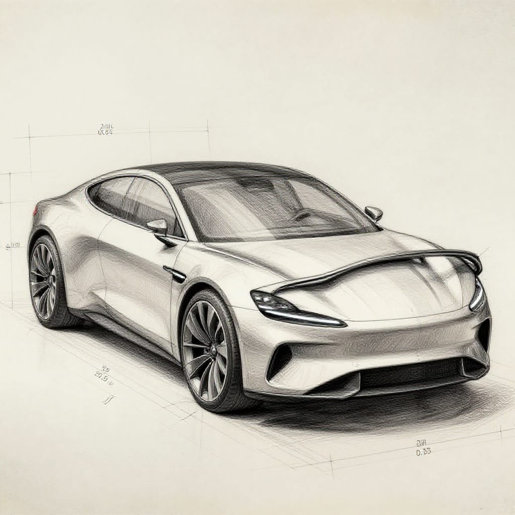 Concept art for a cutting-edge luxury sedan rendered in meticulous pencil and ink on aged paper, emphasizing scientific accuracy through precise measurements and detailed technical specifications. The composition features a front three-quarter view of the vehicle, capturing its aerodynamic curves, streamlined silhouette, and advanced design elements. The surface texture of the paper reveals subtle grain and faint ink bleed, enhancing tactile realism. The artwork includes clear notations: wheelbase measurement (193.5 cm), wheel diameter (20-inch alloy), engine displacement (2.0L turbo), and aerodynamic downforce coefficient (0.35). The pencil lines are precise and sharp, defining every contour, while ink outlines emphasize key features like the hood scoop, rear spoiler, and LED taillights. The lighting is even and neutral, highlighting the form without shadows, allowing for precise measurement and detail. The color palette is monochromatic, with black ink creating contrast against the light gray paper, evoking a sense of timeless elegance and cutting-edge innovation.