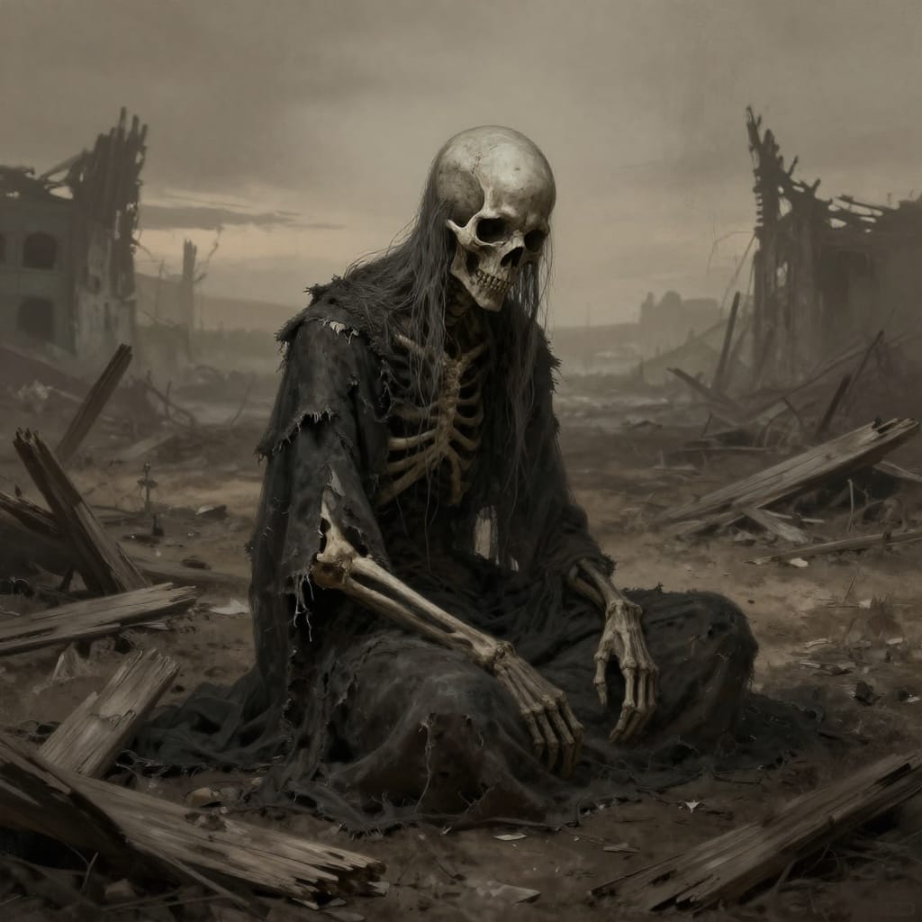 A digital painting depicting a skeletal figure seated on the ground in a desolate post-apocalyptic landscape. The figure wears tattered dark clothing with frayed edges and has long, thin hair cascading around its bald head. The barren environment is marked by broken wooden planks scattered across the ground and crumbling buildings receding into the distance, suggesting a world ravaged by catastrophe. The composition centers the figure, drawing the eye into the vast emptiness of the scene. Subdued, diffused lighting from a distant setting sun casts a faint glow over the landscape, creating minimal shadows that emphasize the somber atmosphere. The color palette is dominated by muted browns, grays, and ashen tones, with subtle hints of deeper shadows enhancing the sense of decay and abandonment. The digital canvas surface renders the figure with detailed brushwork, emphasizing texture in the skin's cracked surface, the fabric's frayed edges, and the brittle debris around it. The dark fantasy style evokes a haunting, melancholic mood, capturing themes of loss, survival, and the enduring presence of life in a world stripped bare by ruin.